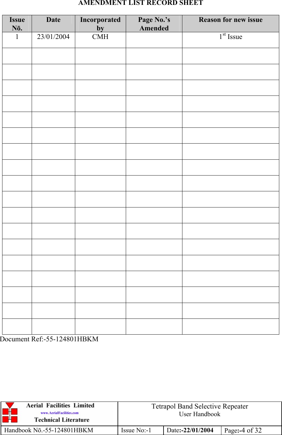  Tetrapol Band Selective Repeater User Handbook Handbook Nō.-55-124801HBKM Issue No:-1 Date:-22/01/2004  Page:-4 of 32  AMENDMENT LIST RECORD SHEET  Issue Nō. Date  Incorporated by Page No.’s Amended Reason for new issue 1 23/01/2004  CMH    1st Issue                                                                                                                                                 Document Ref:-55-124801HBKM 