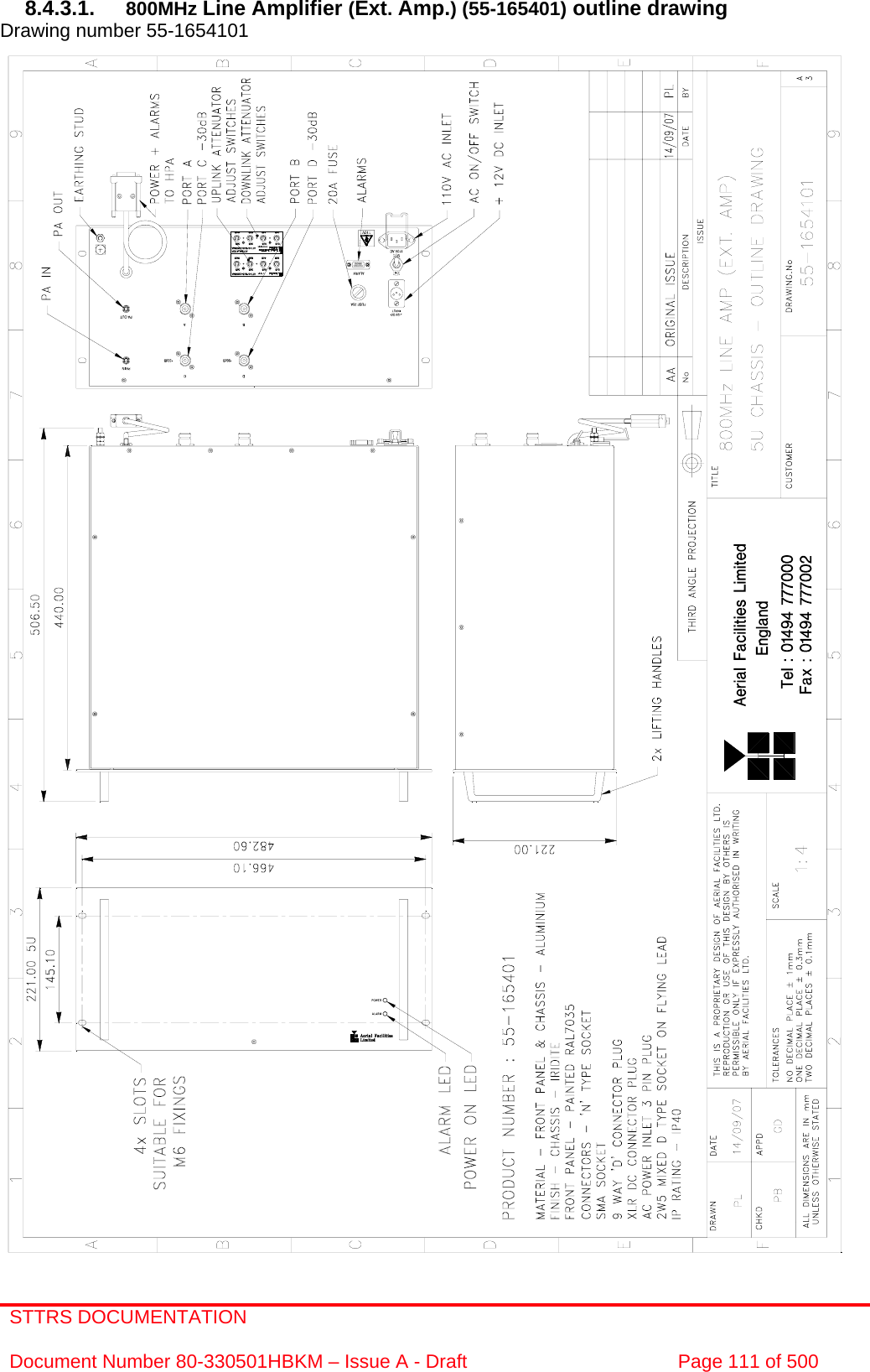 STTRS DOCUMENTATION  Document Number 80-330501HBKM – Issue A - Draft  Page 111 of 500   8.4.3.1.  800MHz Line Amplifier (Ext. Amp.) (55-165401) outline drawing Drawing number 55-1654101                                                        