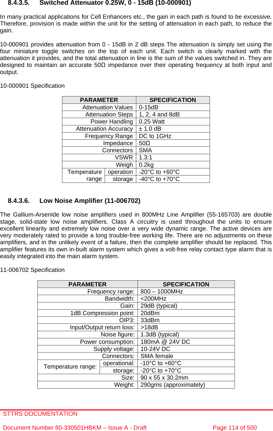 STTRS DOCUMENTATION  Document Number 80-330501HBKM – Issue A - Draft  Page 114 of 500   8.4.3.5. Switched Attenuator 0.25W, 0 - 15dB (10-000901)  In many practical applications for Cell Enhancers etc., the gain in each path is found to be excessive. Therefore, provision is made within the unit for the setting of attenuation in each path, to reduce the gain.  10-000901 provides attenuation from 0 - 15dB in 2 dB steps The attenuation is simply set using the four miniature toggle switches on the top of each unit. Each switch is clearly marked with the attenuation it provides, and the total attenuation in line is the sum of the values switched in. They are designed to maintain an accurate 50 impedance over their operating frequency at both input and output.  10-000901 Specification  PARAMETER  SPECIFICATION Attenuation Values 0-15dB Attenuation Steps 1, 2, 4 and 8dB Power Handling 0.25 Watt Attenuation Accuracy ± 1.0 dB Frequency Range DC to 1GHz Impedance 50 Connectors SMA VSWR 1.3:1 Weigh 0.2kg operation -20°C to +60°C Temperature range  storage -40°C to +70°C   8.4.3.6.  Low Noise Amplifier (11-006702)  The Gallium-Arsenide low noise amplifiers used in 800MHz Line Amplifier (55-165703) are double stage, solid-state low noise amplifiers. Class A circuitry is used throughout the units to ensure excellent linearity and extremely low noise over a very wide dynamic range. The active devices are very moderately rated to provide a long trouble-free working life. There are no adjustments on these amplifiers, and in the unlikely event of a failure, then the complete amplifier should be replaced. This amplifier features its own in-built alarm system which gives a volt-free relay contact type alarm that is easily integrated into the main alarm system.  11-006702 Specification  PARAMETER  SPECIFICATION Frequency range: 800 – 1000MHz Bandwidth: &lt;200MHz Gain: 29dB (typical) 1dB Compression point: 20dBm OIP3: 33dBm Input/Output return loss: &gt;18dB Noise figure: 1.3dB (typical) Power consumption: 180mA @ 24V DC Supply voltage: 10-24V DC Connectors: SMA female operational: -10°C to +60°C Temperature range:  storage: -20°C to +70°C Size: 90 x 55 x 30.2mm Weight: 290gms (approximately) 