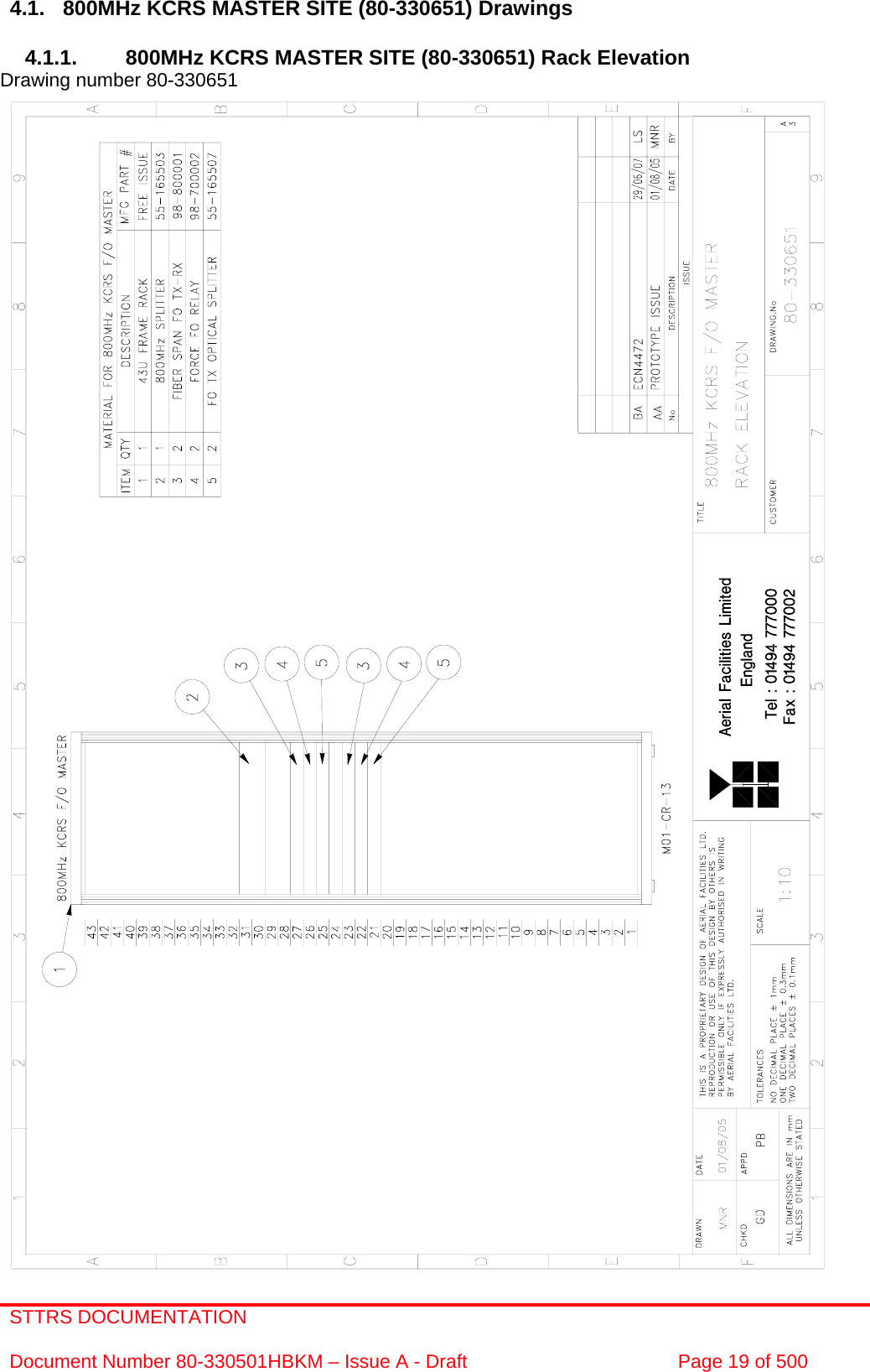 STTRS DOCUMENTATION  Document Number 80-330501HBKM – Issue A - Draft  Page 19 of 500   4.1.  800MHz KCRS MASTER SITE (80-330651) Drawings  4.1.1.  800MHz KCRS MASTER SITE (80-330651) Rack Elevation Drawing number 80-330651                                                       