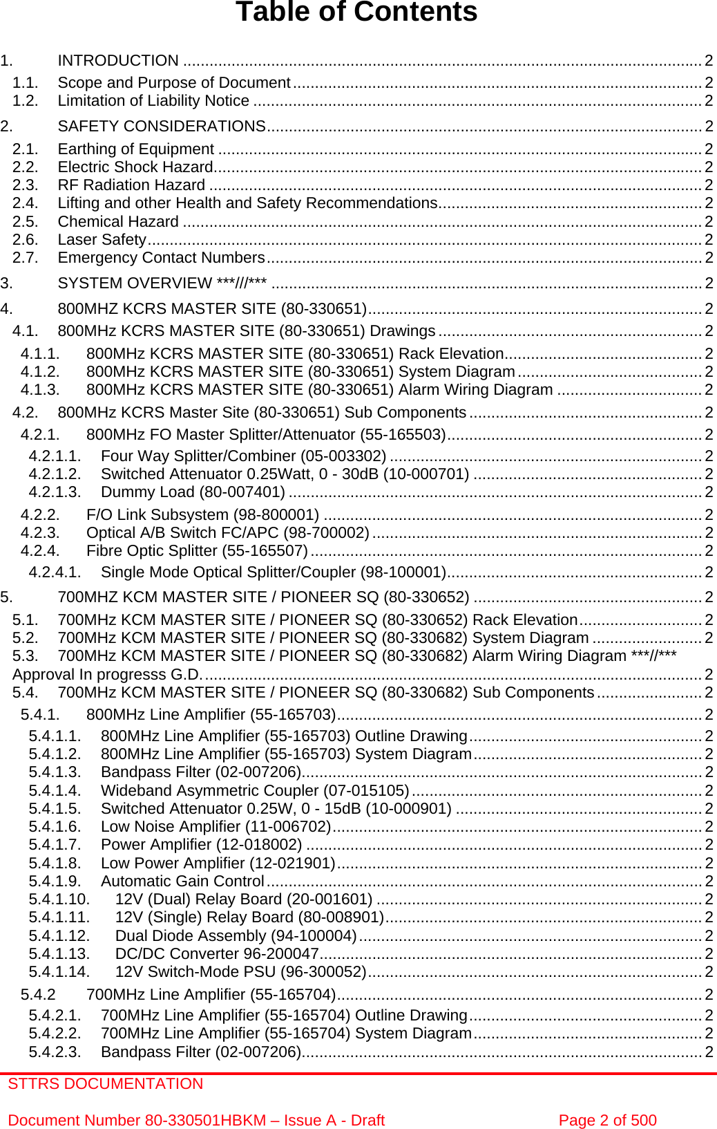 STTRS DOCUMENTATION  Document Number 80-330501HBKM – Issue A - Draft  Page 2 of 500     Table of Contents  1. INTRODUCTION ......................................................................................................................2 1.1. Scope and Purpose of Document.............................................................................................2 1.2. Limitation of Liability Notice ......................................................................................................2 2. SAFETY CONSIDERATIONS...................................................................................................2 2.1. Earthing of Equipment ..............................................................................................................2 2.2. Electric Shock Hazard...............................................................................................................2 2.3. RF Radiation Hazard ................................................................................................................2 2.4. Lifting and other Health and Safety Recommendations............................................................ 2 2.5. Chemical Hazard ......................................................................................................................2 2.6. Laser Safety..............................................................................................................................2 2.7. Emergency Contact Numbers...................................................................................................2 3. SYSTEM OVERVIEW ***///*** ..................................................................................................2 4. 800MHZ KCRS MASTER SITE (80-330651)............................................................................2 4.1. 800MHz KCRS MASTER SITE (80-330651) Drawings ............................................................ 2 4.1.1. 800MHz KCRS MASTER SITE (80-330651) Rack Elevation............................................. 2 4.1.2. 800MHz KCRS MASTER SITE (80-330651) System Diagram.......................................... 2 4.1.3. 800MHz KCRS MASTER SITE (80-330651) Alarm Wiring Diagram ................................. 2 4.2. 800MHz KCRS Master Site (80-330651) Sub Components.....................................................2 4.2.1. 800MHz FO Master Splitter/Attenuator (55-165503)..........................................................2 4.2.1.1. Four Way Splitter/Combiner (05-003302) .......................................................................2 4.2.1.2. Switched Attenuator 0.25Watt, 0 - 30dB (10-000701) .................................................... 2 4.2.1.3. Dummy Load (80-007401) ..............................................................................................2 4.2.2. F/O Link Subsystem (98-800001) ......................................................................................2 4.2.3. Optical A/B Switch FC/APC (98-700002) ........................................................................... 2 4.2.4. Fibre Optic Splitter (55-165507)......................................................................................... 2 4.2.4.1. Single Mode Optical Splitter/Coupler (98-100001).......................................................... 2 5. 700MHZ KCM MASTER SITE / PIONEER SQ (80-330652) .................................................... 2 5.1. 700MHz KCM MASTER SITE / PIONEER SQ (80-330652) Rack Elevation............................2 5.2. 700MHz KCM MASTER SITE / PIONEER SQ (80-330682) System Diagram ......................... 2 5.3. 700MHz KCM MASTER SITE / PIONEER SQ (80-330682) Alarm Wiring Diagram ***//*** Approval In progresss G.D..................................................................................................................2 5.4. 700MHz KCM MASTER SITE / PIONEER SQ (80-330682) Sub Components........................ 2 5.4.1. 800MHz Line Amplifier (55-165703)...................................................................................2 5.4.1.1. 800MHz Line Amplifier (55-165703) Outline Drawing.....................................................2 5.4.1.2. 800MHz Line Amplifier (55-165703) System Diagram.................................................... 2 5.4.1.3. Bandpass Filter (02-007206)...........................................................................................2 5.4.1.4. Wideband Asymmetric Coupler (07-015105).................................................................. 2 5.4.1.5. Switched Attenuator 0.25W, 0 - 15dB (10-000901) ........................................................ 2 5.4.1.6. Low Noise Amplifier (11-006702).................................................................................... 2 5.4.1.7. Power Amplifier (12-018002) .......................................................................................... 2 5.4.1.8. Low Power Amplifier (12-021901)...................................................................................2 5.4.1.9. Automatic Gain Control...................................................................................................2 5.4.1.10. 12V (Dual) Relay Board (20-001601) ..........................................................................2 5.4.1.11. 12V (Single) Relay Board (80-008901)........................................................................ 2 5.4.1.12. Dual Diode Assembly (94-100004)..............................................................................2 5.4.1.13. DC/DC Converter 96-200047....................................................................................... 2 5.4.1.14. 12V Switch-Mode PSU (96-300052)............................................................................ 2 5.4.2 700MHz Line Amplifier (55-165704)...................................................................................2 5.4.2.1. 700MHz Line Amplifier (55-165704) Outline Drawing.....................................................2 5.4.2.2. 700MHz Line Amplifier (55-165704) System Diagram.................................................... 2 5.4.2.3. Bandpass Filter (02-007206)...........................................................................................2 