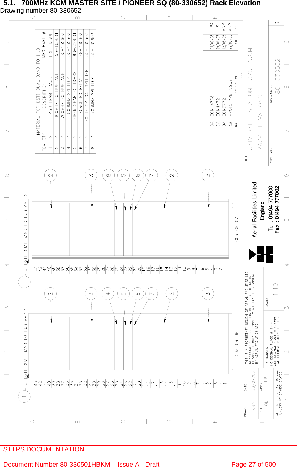STTRS DOCUMENTATION  Document Number 80-330501HBKM – Issue A - Draft  Page 27 of 500   5.1.  700MHz KCM MASTER SITE / PIONEER SQ (80-330652) Rack Elevation  Drawing number 80-330652                                                        