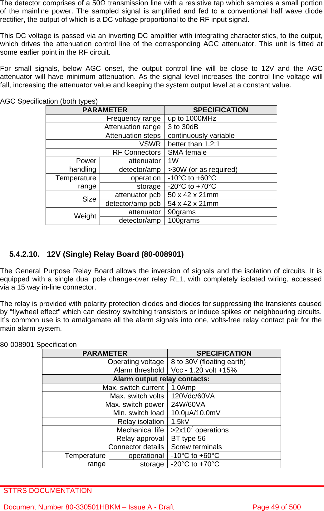 STTRS DOCUMENTATION  Document Number 80-330501HBKM – Issue A - Draft  Page 49 of 500   The detector comprises of a 50 transmission line with a resistive tap which samples a small portion of the mainline power. The sampled signal is amplified and fed to a conventional half wave diode rectifier, the output of which is a DC voltage proportional to the RF input signal.  This DC voltage is passed via an inverting DC amplifier with integrating characteristics, to the output, which drives the attenuation control line of the corresponding AGC attenuator. This unit is fitted at some earlier point in the RF circuit.  For small signals, below AGC onset, the output control line will be close to 12V and the AGC attenuator will have minimum attenuation. As the signal level increases the control line voltage will fall, increasing the attenuator value and keeping the system output level at a constant value.  AGC Specification (both types) PARAMETER  SPECIFICATION Frequency range up to 1000MHz Attenuation range 3 to 30dB  Attenuation steps continuously variable VSWR better than 1.2:1 RF Connectors SMA female attenuator 1W Power handling  detector/amp &gt;30W (or as required) operation -10°C to +60°C Temperature range  storage -20°C to +70°C attenuator pcb 50 x 42 x 21mm Size  detector/amp pcb 54 x 42 x 21mm attenuator 90grams Weight  detector/amp 100grams    5.4.2.10. 12V (Single) Relay Board (80-008901)  The General Purpose Relay Board allows the inversion of signals and the isolation of circuits. It is equipped with a single dual pole change-over relay RL1, with completely isolated wiring, accessed via a 15 way in-line connector.  The relay is provided with polarity protection diodes and diodes for suppressing the transients caused by &quot;flywheel effect&quot; which can destroy switching transistors or induce spikes on neighbouring circuits. It’s common use is to amalgamate all the alarm signals into one, volts-free relay contact pair for the main alarm system.  80-008901 Specification  PARAMETER  SPECIFICATION Operating voltage 8 to 30V (floating earth) Alarm threshold Vcc - 1.20 volt +15% Alarm output relay contacts: Max. switch current 1.0Amp Max. switch volts 120Vdc/60VA Max. switch power 24W/60VA Min. switch load 10.0µA/10.0mV Relay isolation 1.5kV Mechanical life &gt;2x107 operations Relay approval BT type 56 Connector details Screw terminals operational -10°C to +60°C Temperature range  storage -20°C to +70°C 