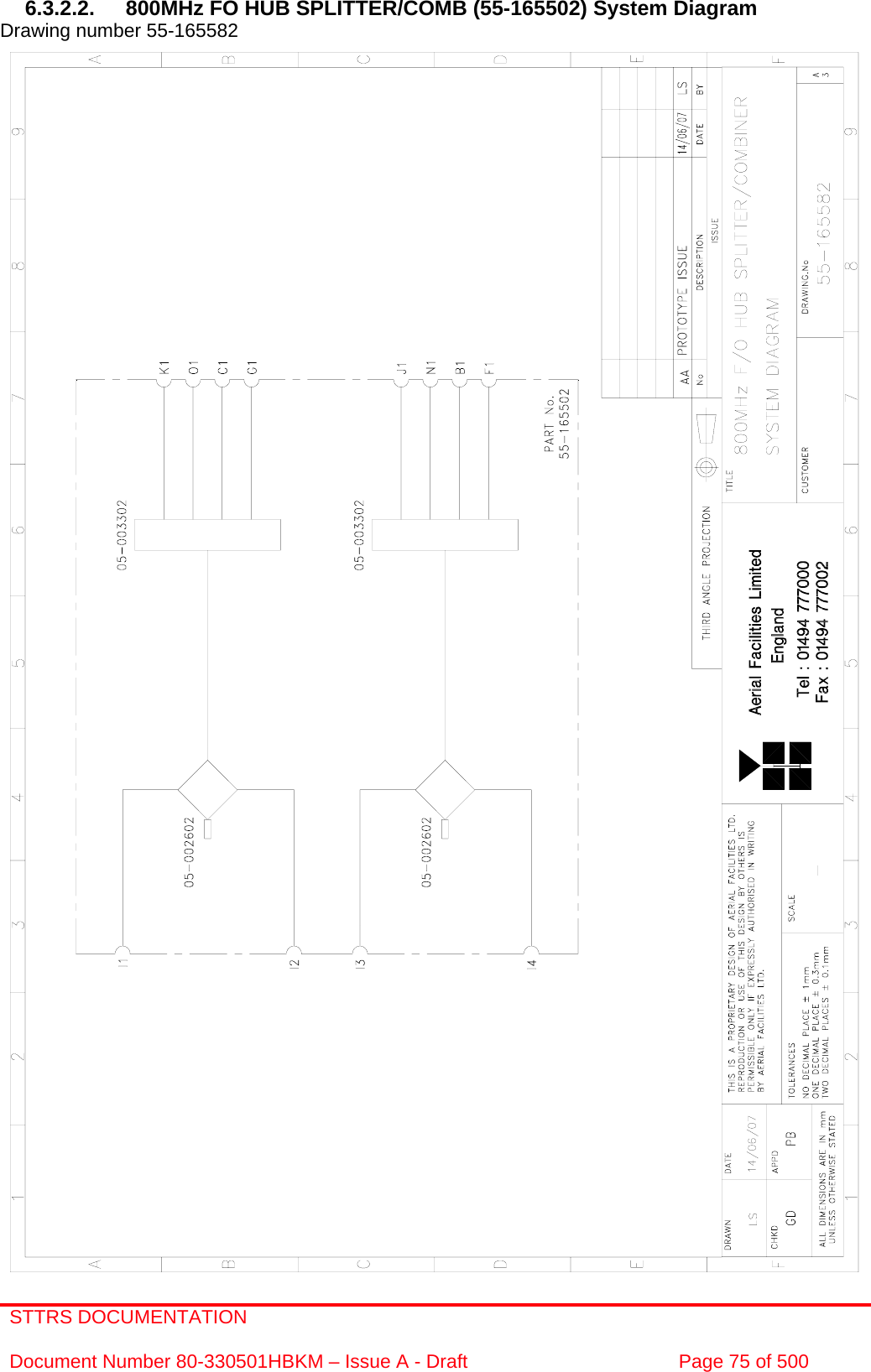 STTRS DOCUMENTATION  Document Number 80-330501HBKM – Issue A - Draft  Page 75 of 500   6.3.2.2.  800MHz FO HUB SPLITTER/COMB (55-165502) System Diagram Drawing number 55-165582                             