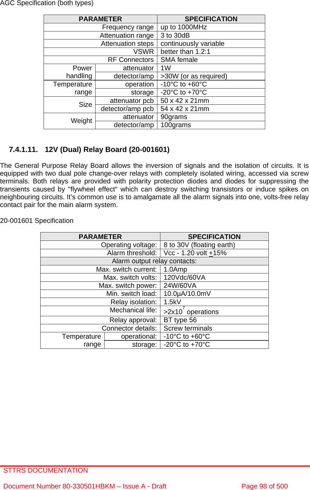 STTRS DOCUMENTATION  Document Number 80-330501HBKM – Issue A - Draft  Page 98 of 500   AGC Specification (both types)  PARAMETER  SPECIFICATION Frequency range up to 1000MHz Attenuation range 3 to 30dB  Attenuation steps continuously variable VSWR better than 1.2:1 RF Connectors SMA female attenuator 1W Power handling  detector/amp &gt;30W (or as required) operation -10°C to +60°C Temperature range  storage -20°C to +70°C attenuator pcb 50 x 42 x 21mm Size  detector/amp pcb 54 x 42 x 21mm attenuator 90grams Weight  detector/amp 100grams   7.4.1.11.  12V (Dual) Relay Board (20-001601)  The General Purpose Relay Board allows the inversion of signals and the isolation of circuits. It is equipped with two dual pole change-over relays with completely isolated wiring, accessed via screw terminals. Both relays are provided with polarity protection diodes and diodes for suppressing the transients caused by &quot;flywheel effect&quot; which can destroy switching transistors or induce spikes on neighbouring circuits. It’s common use is to amalgamate all the alarm signals into one, volts-free relay contact pair for the main alarm system.  20-001601 Specification  PARAMETER  SPECIFICATION Operating voltage: 8 to 30V (floating earth) Alarm threshold: Vcc - 1.20 volt +15% Alarm output relay contacts: Max. switch current: 1.0Amp Max. switch volts: 120Vdc/60VA Max. switch power: 24W/60VA Min. switch load: 10.0µA/10.0mV Relay isolation: 1.5kV Mechanical life: &gt;2x107 operations Relay approval: BT type 56 Connector details: Screw terminals operational: -10°C to +60°C Temperature range  storage: -20°C to +70°C  