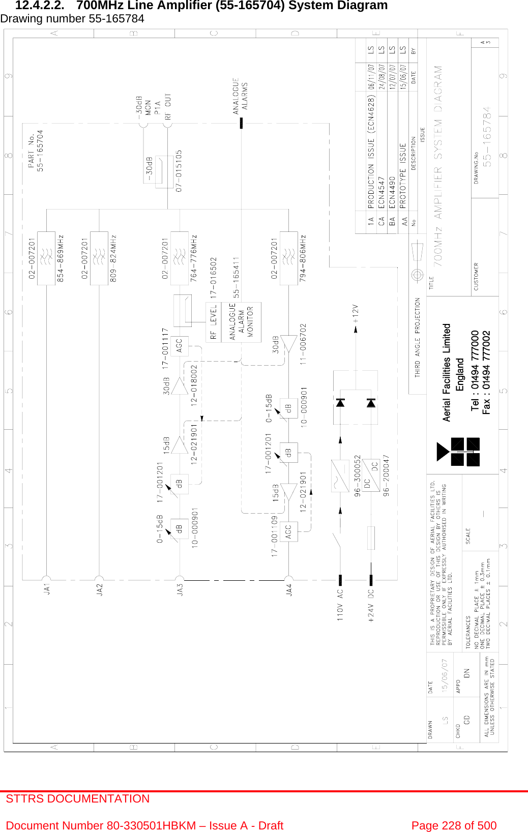 STTRS DOCUMENTATION  Document Number 80-330501HBKM – Issue A - Draft  Page 228 of 500   12.4.2.2.  700MHz Line Amplifier (55-165704) System Diagram  Drawing number 55-165784                                                       