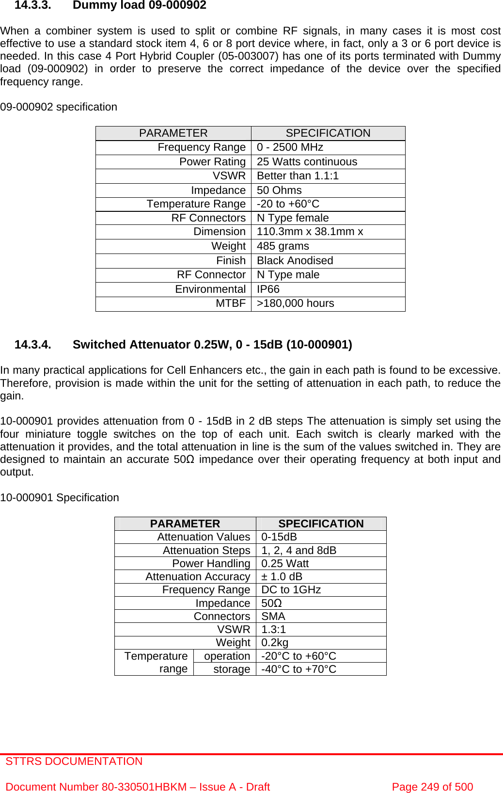 STTRS DOCUMENTATION  Document Number 80-330501HBKM – Issue A - Draft  Page 249 of 500   14.3.3.  Dummy load 09-000902  When a combiner system is used to split or combine RF signals, in many cases it is most cost effective to use a standard stock item 4, 6 or 8 port device where, in fact, only a 3 or 6 port device is needed. In this case 4 Port Hybrid Coupler (05-003007) has one of its ports terminated with Dummy load (09-000902) in order to preserve the correct impedance of the device over the specified frequency range.  09-000902 specification  PARAMETER  SPECIFICATION Frequency Range 0 - 2500 MHz Power Rating 25 Watts continuous VSWR Better than 1.1:1 Impedance 50 Ohms Temperature Range -20 to +60°C RF Connectors N Type female Dimension 110.3mm x 38.1mm x Weight 485 grams Finish Black Anodised RF Connector N Type male Environmental IP66 MTBF &gt;180,000 hours   14.3.4.  Switched Attenuator 0.25W, 0 - 15dB (10-000901)  In many practical applications for Cell Enhancers etc., the gain in each path is found to be excessive. Therefore, provision is made within the unit for the setting of attenuation in each path, to reduce the gain.  10-000901 provides attenuation from 0 - 15dB in 2 dB steps The attenuation is simply set using the four miniature toggle switches on the top of each unit. Each switch is clearly marked with the attenuation it provides, and the total attenuation in line is the sum of the values switched in. They are designed to maintain an accurate 50Ω impedance over their operating frequency at both input and output.  10-000901 Specification  PARAMETER  SPECIFICATION Attenuation Values 0-15dB Attenuation Steps 1, 2, 4 and 8dB Power Handling 0.25 Watt Attenuation Accuracy ± 1.0 dB Frequency Range DC to 1GHz Impedance 50Ω Connectors SMA VSWR 1.3:1 Weight 0.2kg operation -20°C to +60°C Temperature range  storage -40°C to +70°C   