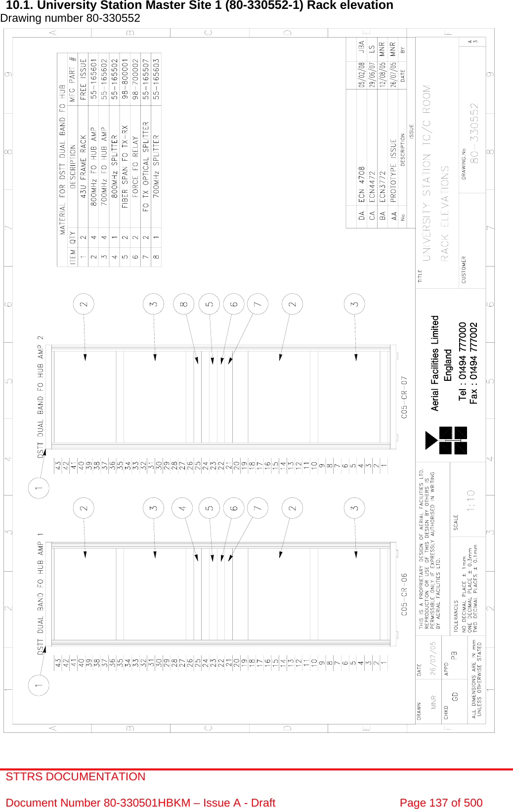 STTRS DOCUMENTATION  Document Number 80-330501HBKM – Issue A - Draft  Page 137 of 500   10.1. University Station Master Site 1 (80-330552-1) Rack elevation Drawing number 80-330552                                                       