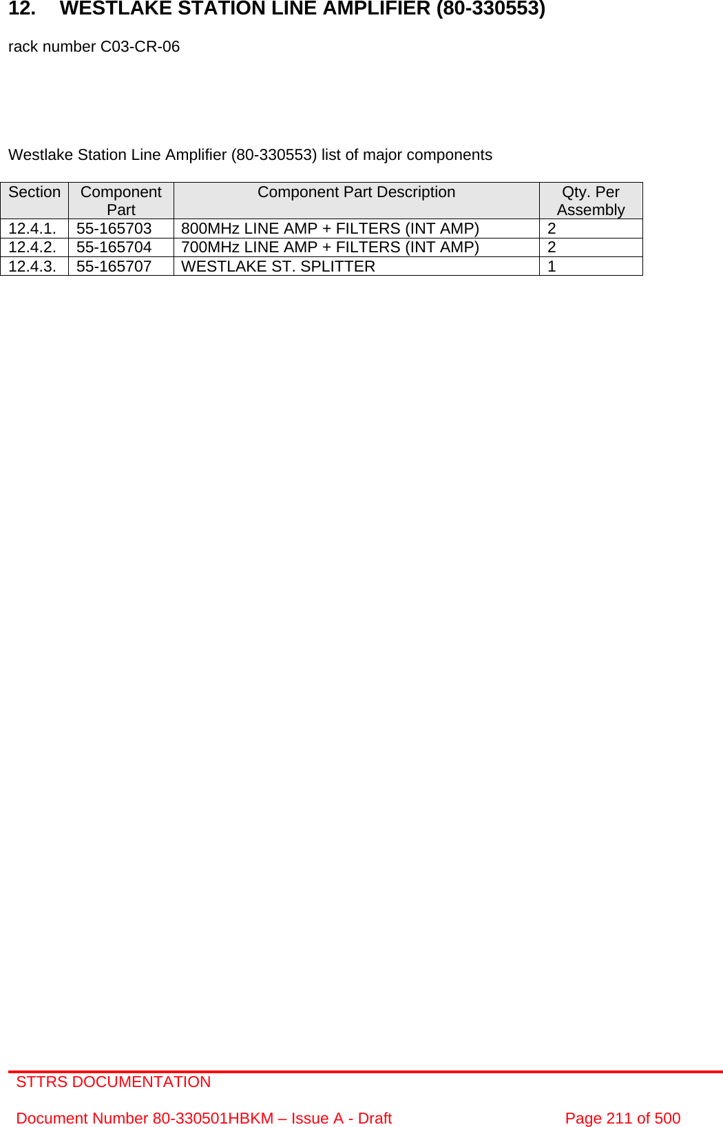 STTRS DOCUMENTATION  Document Number 80-330501HBKM – Issue A - Draft  Page 211 of 500   12. WESTLAKE STATION LINE AMPLIFIER (80-330553)  rack number C03-CR-06      Westlake Station Line Amplifier (80-330553) list of major components  Section  Component Part  Component Part Description  Qty. Per Assembly 12.4.1.  55-165703  800MHz LINE AMP + FILTERS (INT AMP)  2 12.4.2.  55-165704  700MHz LINE AMP + FILTERS (INT AMP)  2 12.4.3.  55-165707  WESTLAKE ST. SPLITTER  1          