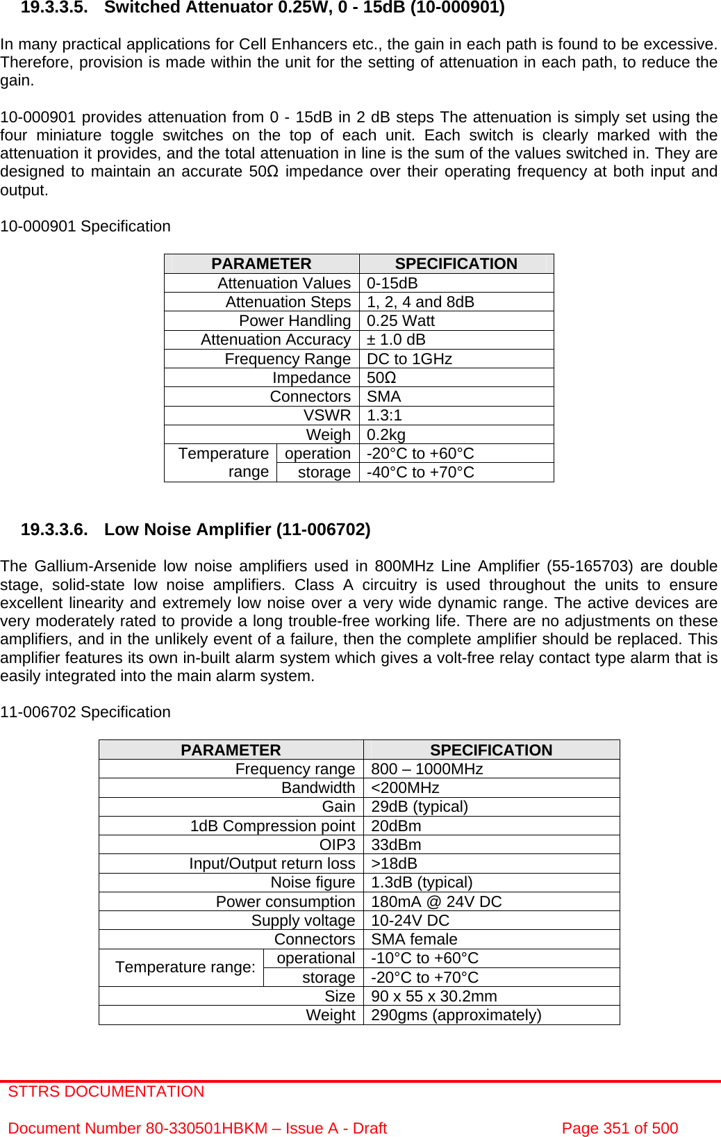 STTRS DOCUMENTATION  Document Number 80-330501HBKM – Issue A - Draft  Page 351 of 500   19.3.3.5. Switched Attenuator 0.25W, 0 - 15dB (10-000901)  In many practical applications for Cell Enhancers etc., the gain in each path is found to be excessive. Therefore, provision is made within the unit for the setting of attenuation in each path, to reduce the gain.  10-000901 provides attenuation from 0 - 15dB in 2 dB steps The attenuation is simply set using the four miniature toggle switches on the top of each unit. Each switch is clearly marked with the attenuation it provides, and the total attenuation in line is the sum of the values switched in. They are designed to maintain an accurate 50Ω impedance over their operating frequency at both input and output.  10-000901 Specification  PARAMETER  SPECIFICATION Attenuation Values 0-15dB Attenuation Steps 1, 2, 4 and 8dB Power Handling 0.25 Watt Attenuation Accuracy ± 1.0 dB Frequency Range DC to 1GHz Impedance 50Ω Connectors SMA VSWR 1.3:1 Weigh 0.2kg operation -20°C to +60°C Temperature range  storage -40°C to +70°C   19.3.3.6.  Low Noise Amplifier (11-006702)  The Gallium-Arsenide low noise amplifiers used in 800MHz Line Amplifier (55-165703) are double stage, solid-state low noise amplifiers. Class A circuitry is used throughout the units to ensure excellent linearity and extremely low noise over a very wide dynamic range. The active devices are very moderately rated to provide a long trouble-free working life. There are no adjustments on these amplifiers, and in the unlikely event of a failure, then the complete amplifier should be replaced. This amplifier features its own in-built alarm system which gives a volt-free relay contact type alarm that is easily integrated into the main alarm system.  11-006702 Specification  PARAMETER  SPECIFICATION Frequency range 800 – 1000MHz Bandwidth &lt;200MHz Gain 29dB (typical) 1dB Compression point 20dBm OIP3 33dBm Input/Output return loss &gt;18dB Noise figure 1.3dB (typical) Power consumption 180mA @ 24V DC Supply voltage 10-24V DC Connectors SMA female operational -10°C to +60°C Temperature range:  storage -20°C to +70°C Size 90 x 55 x 30.2mm Weight 290gms (approximately)  