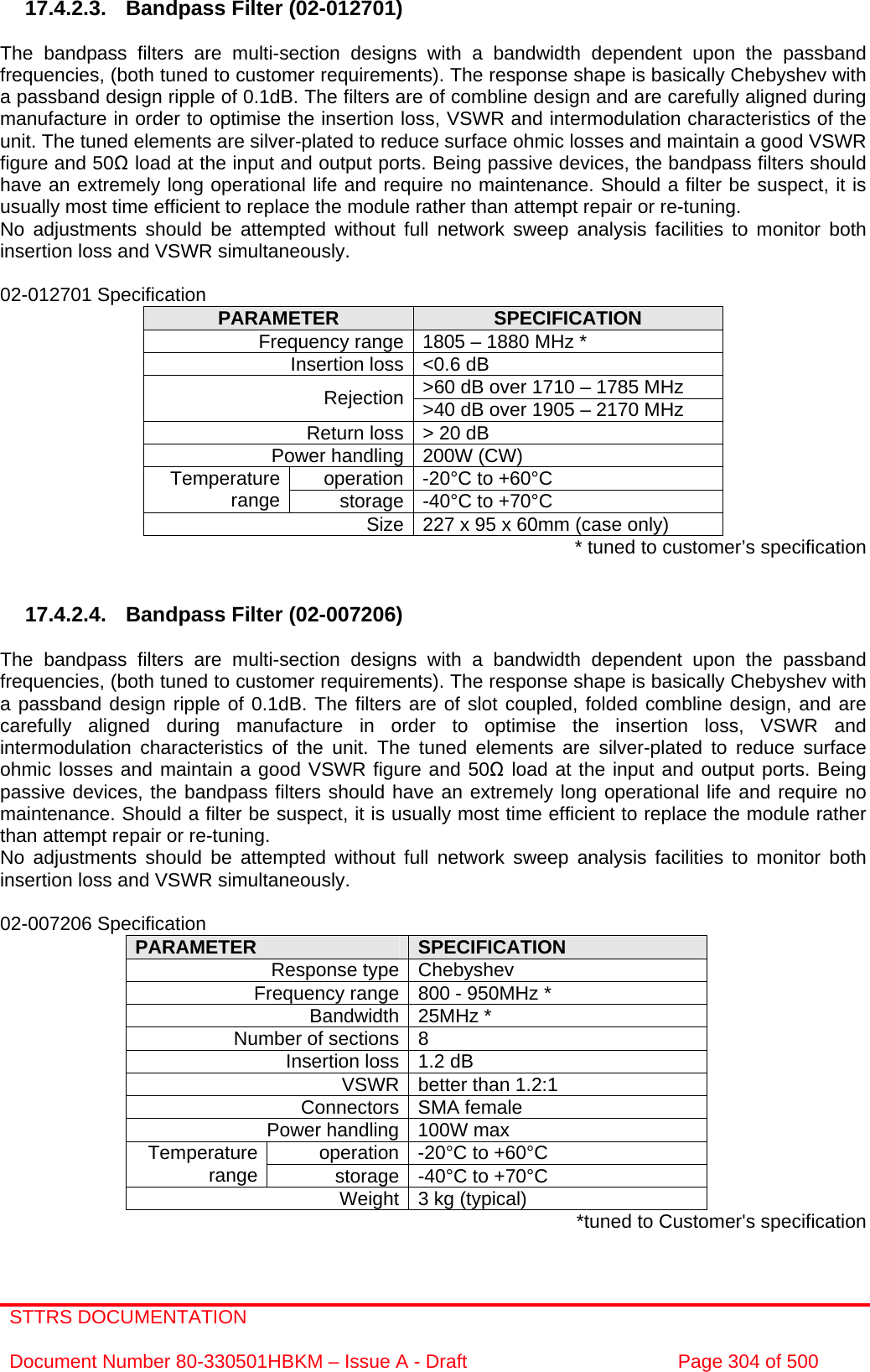 STTRS DOCUMENTATION  Document Number 80-330501HBKM – Issue A - Draft  Page 304 of 500   17.4.2.3.  Bandpass Filter (02-012701)  The bandpass filters are multi-section designs with a bandwidth dependent upon the passband frequencies, (both tuned to customer requirements). The response shape is basically Chebyshev with a passband design ripple of 0.1dB. The filters are of combline design and are carefully aligned during manufacture in order to optimise the insertion loss, VSWR and intermodulation characteristics of the unit. The tuned elements are silver-plated to reduce surface ohmic losses and maintain a good VSWR figure and 50Ω load at the input and output ports. Being passive devices, the bandpass filters should have an extremely long operational life and require no maintenance. Should a filter be suspect, it is usually most time efficient to replace the module rather than attempt repair or re-tuning. No adjustments should be attempted without full network sweep analysis facilities to monitor both insertion loss and VSWR simultaneously.  02-012701 Specification  PARAMETER  SPECIFICATION Frequency range 1805 – 1880 MHz * Insertion loss &lt;0.6 dB &gt;60 dB over 1710 – 1785 MHz Rejection &gt;40 dB over 1905 – 2170 MHz Return loss &gt; 20 dB Power handling 200W (CW) operation -20°C to +60°C Temperature range  storage -40°C to +70°C Size 227 x 95 x 60mm (case only) * tuned to customer’s specification   17.4.2.4.  Bandpass Filter (02-007206)  The bandpass filters are multi-section designs with a bandwidth dependent upon the passband frequencies, (both tuned to customer requirements). The response shape is basically Chebyshev with a passband design ripple of 0.1dB. The filters are of slot coupled, folded combline design, and are carefully aligned during manufacture in order to optimise the insertion loss, VSWR and intermodulation characteristics of the unit. The tuned elements are silver-plated to reduce surface ohmic losses and maintain a good VSWR figure and 50Ω load at the input and output ports. Being passive devices, the bandpass filters should have an extremely long operational life and require no maintenance. Should a filter be suspect, it is usually most time efficient to replace the module rather than attempt repair or re-tuning. No adjustments should be attempted without full network sweep analysis facilities to monitor both insertion loss and VSWR simultaneously.  02-007206 Specification PARAMETER  SPECIFICATION Response type Chebyshev Frequency range 800 - 950MHz * Bandwidth 25MHz * Number of sections 8 Insertion loss 1.2 dB VSWR better than 1.2:1 Connectors SMA female Power handling 100W max operation -20°C to +60°C Temperature range  storage -40°C to +70°C Weight 3 kg (typical)  *tuned to Customer&apos;s specification 