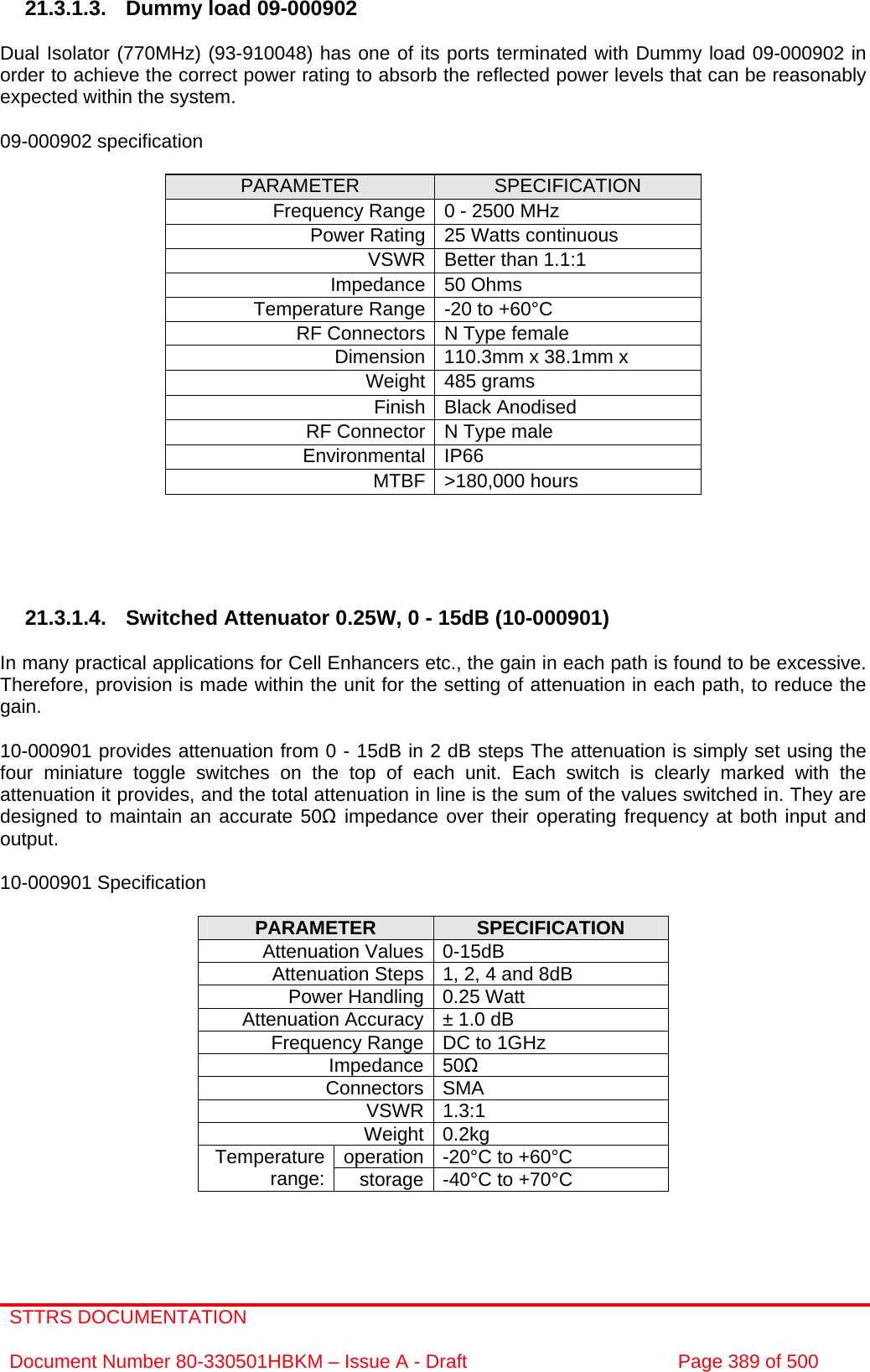 STTRS DOCUMENTATION  Document Number 80-330501HBKM – Issue A - Draft  Page 389 of 500   21.3.1.3.  Dummy load 09-000902  Dual Isolator (770MHz) (93-910048) has one of its ports terminated with Dummy load 09-000902 in order to achieve the correct power rating to absorb the reflected power levels that can be reasonably expected within the system.   09-000902 specification  PARAMETER  SPECIFICATION Frequency Range 0 - 2500 MHz Power Rating 25 Watts continuous VSWR Better than 1.1:1 Impedance 50 Ohms Temperature Range -20 to +60°C RF Connectors N Type female Dimension 110.3mm x 38.1mm x Weight 485 grams Finish Black Anodised RF Connector N Type male Environmental IP66 MTBF &gt;180,000 hours      21.3.1.4. Switched Attenuator 0.25W, 0 - 15dB (10-000901)  In many practical applications for Cell Enhancers etc., the gain in each path is found to be excessive. Therefore, provision is made within the unit for the setting of attenuation in each path, to reduce the gain.  10-000901 provides attenuation from 0 - 15dB in 2 dB steps The attenuation is simply set using the four miniature toggle switches on the top of each unit. Each switch is clearly marked with the attenuation it provides, and the total attenuation in line is the sum of the values switched in. They are designed to maintain an accurate 50Ω impedance over their operating frequency at both input and output.  10-000901 Specification  PARAMETER  SPECIFICATION Attenuation Values 0-15dB Attenuation Steps 1, 2, 4 and 8dB Power Handling 0.25 Watt Attenuation Accuracy ± 1.0 dB Frequency Range DC to 1GHz Impedance 50Ω Connectors SMA VSWR 1.3:1 Weight 0.2kg operation -20°C to +60°C Temperature range:  storage -40°C to +70°C  