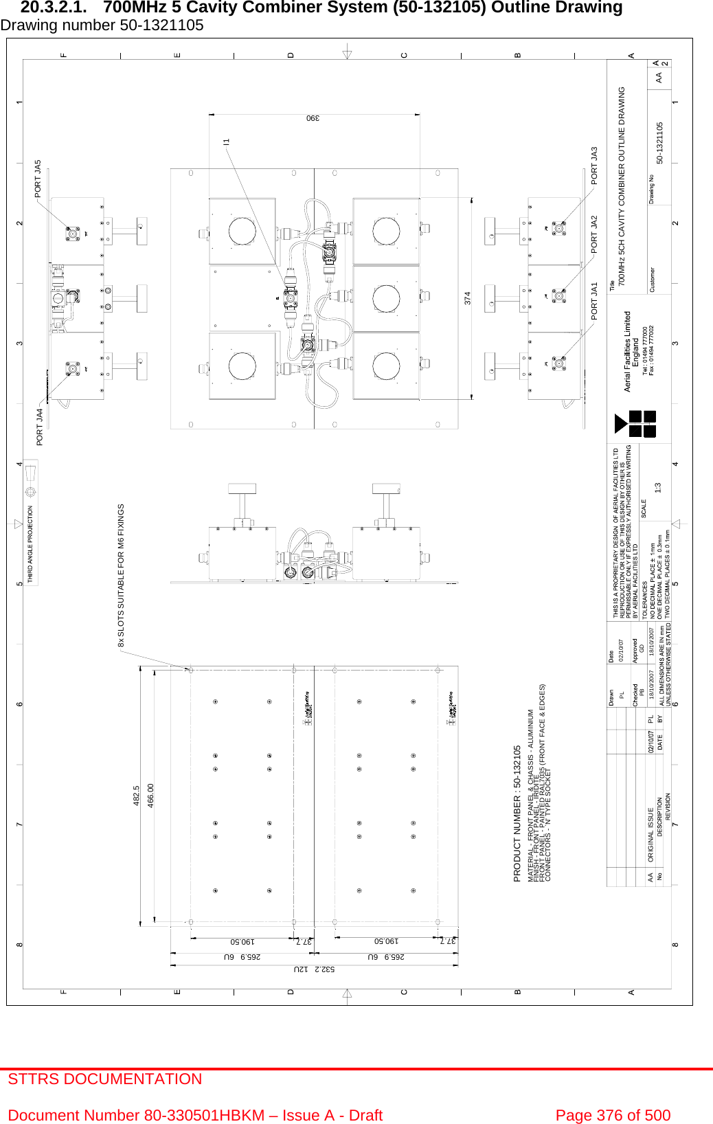 STTRS DOCUMENTATION  Document Number 80-330501HBKM – Issue A - Draft  Page 376 of 500  700MHz 5CH CAVITY COMBINER OUTLINE DRAWING1:3 50-1321105PB18/10/2007GD18/10/2007 AA02/10/07PLPORT JA3PORT JA2PORT JA1PORT JA4 PORT JA58x SLOTS SUITABLE FOR M6 FIXINGS532.2   12U265.9   6U 265.9   6UI1466.00482.537.7 190.50 37.7 190.50PRODUCT NUMBER : 50-132105MATERIAL - FRONT PANEL &amp; CHASSIS - ALUMINIUMFINISH - FRONT PANEL - IRIDITEFRONT PANEL - PAINTED RAL7035 (FRONT FACE &amp; EDGES)CONNECTORS - `N&apos; TYPE SOCKETAA ORIGINAL ISSUE PL390374 20.3.2.1.  700MHz 5 Cavity Combiner System (50-132105) Outline Drawing Drawing number 50-1321105                                                  