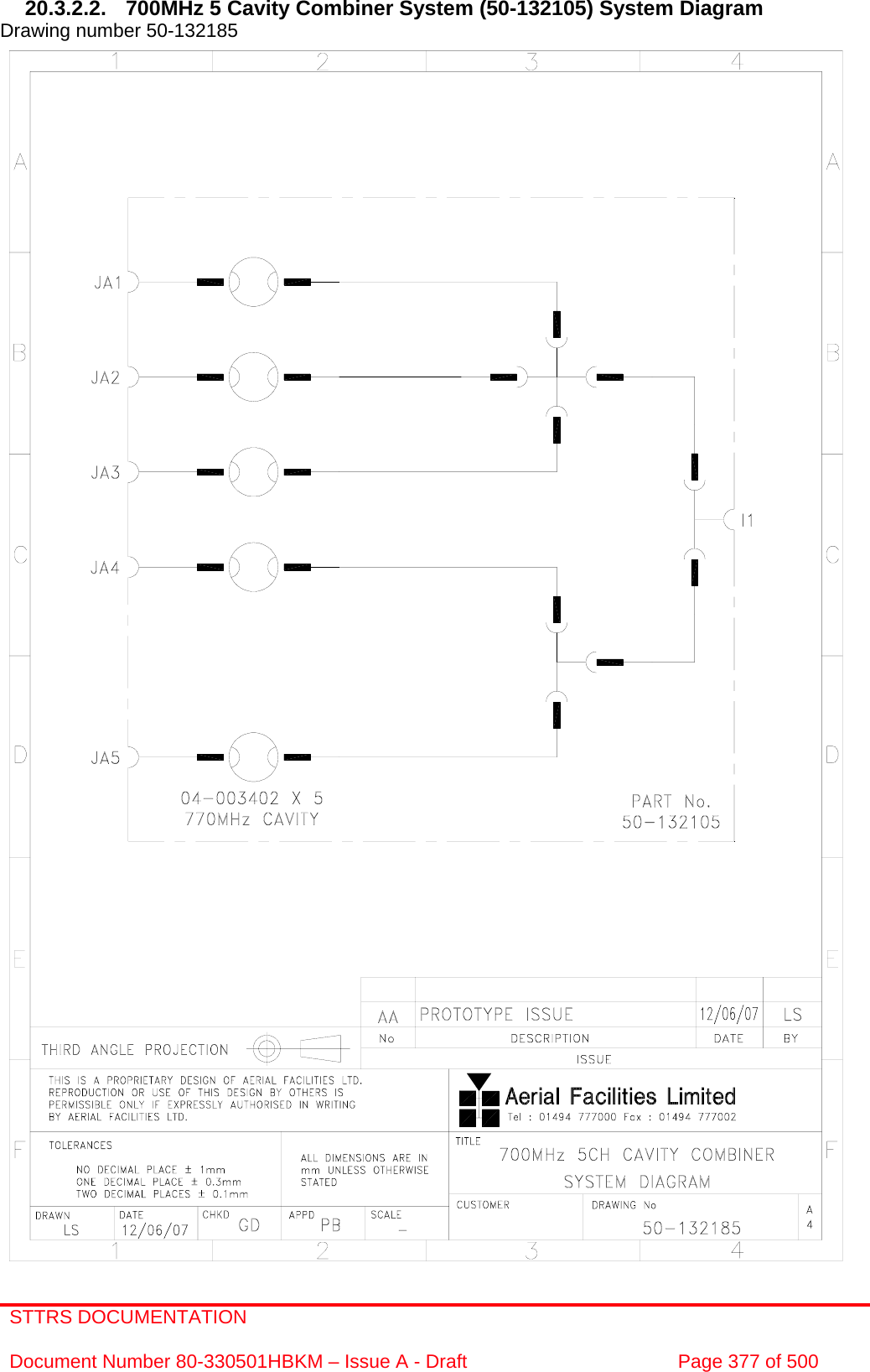 STTRS DOCUMENTATION  Document Number 80-330501HBKM – Issue A - Draft  Page 377 of 500   20.3.2.2.  700MHz 5 Cavity Combiner System (50-132105) System Diagram  Drawing number 50-132185                                                      