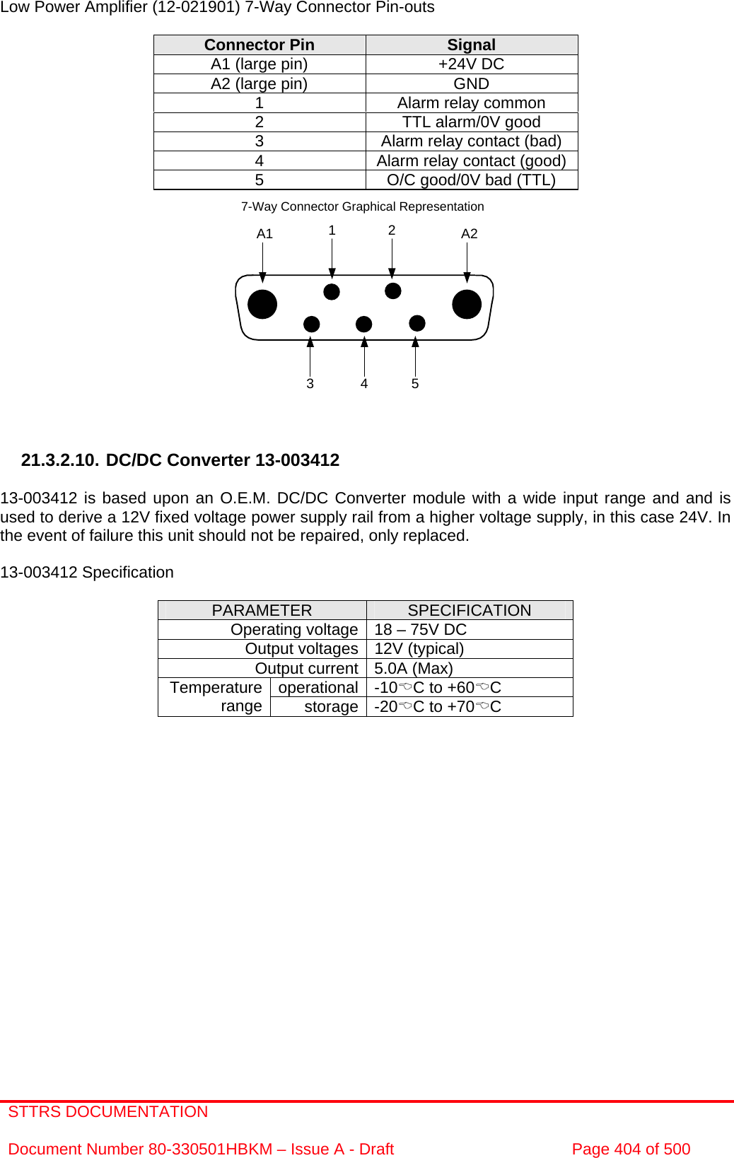 STTRS DOCUMENTATION  Document Number 80-330501HBKM – Issue A - Draft  Page 404 of 500  A1 A21 23 4 57-Way Connector Graphical Representation Low Power Amplifier (12-021901) 7-Way Connector Pin-outs  Connector Pin  Signal A1 (large pin)  +24V DC A2 (large pin)  GND 1  Alarm relay common 2  TTL alarm/0V good 3  Alarm relay contact (bad) 4  Alarm relay contact (good) 5  O/C good/0V bad (TTL)               21.3.2.10. DC/DC Converter 13-003412  13-003412 is based upon an O.E.M. DC/DC Converter module with a wide input range and and is used to derive a 12V fixed voltage power supply rail from a higher voltage supply, in this case 24V. In the event of failure this unit should not be repaired, only replaced.  13-003412 Specification  PARAMETER  SPECIFICATION Operating voltage 18 – 75V DC Output voltages 12V (typical) Output current 5.0A (Max) operational -10%C to +60%C Temperature range  storage -20%C to +70%C     