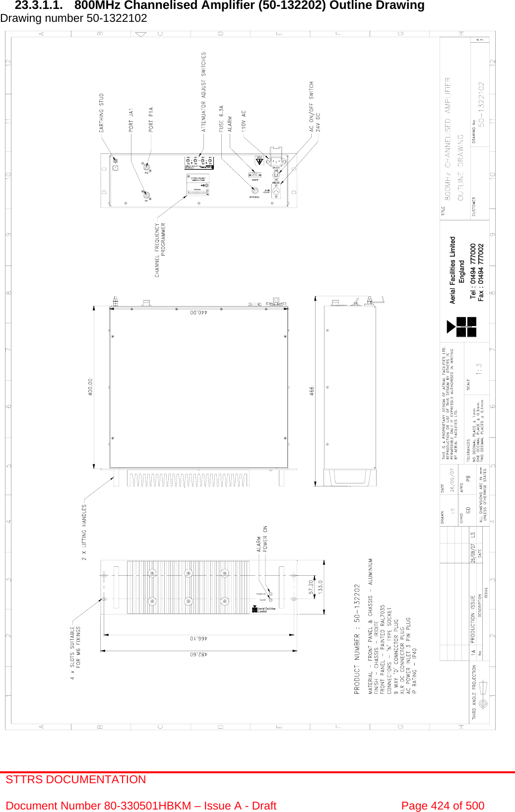 STTRS DOCUMENTATION  Document Number 80-330501HBKM – Issue A - Draft  Page 424 of 500  POWER ONALARM 23.3.1.1.  800MHz Channelised Amplifier (50-132202) Outline Drawing Drawing number 50-1322102                                                      