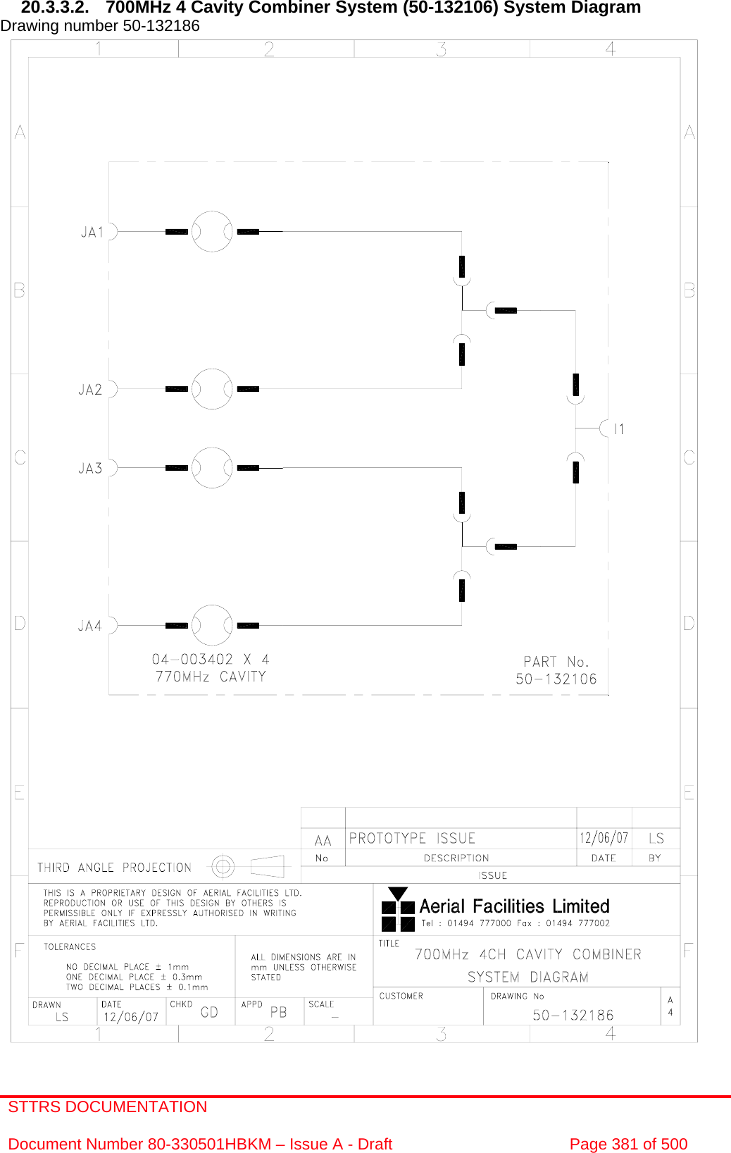 STTRS DOCUMENTATION  Document Number 80-330501HBKM – Issue A - Draft  Page 381 of 500   20.3.3.2.  700MHz 4 Cavity Combiner System (50-132106) System Diagram Drawing number 50-132186                                                        