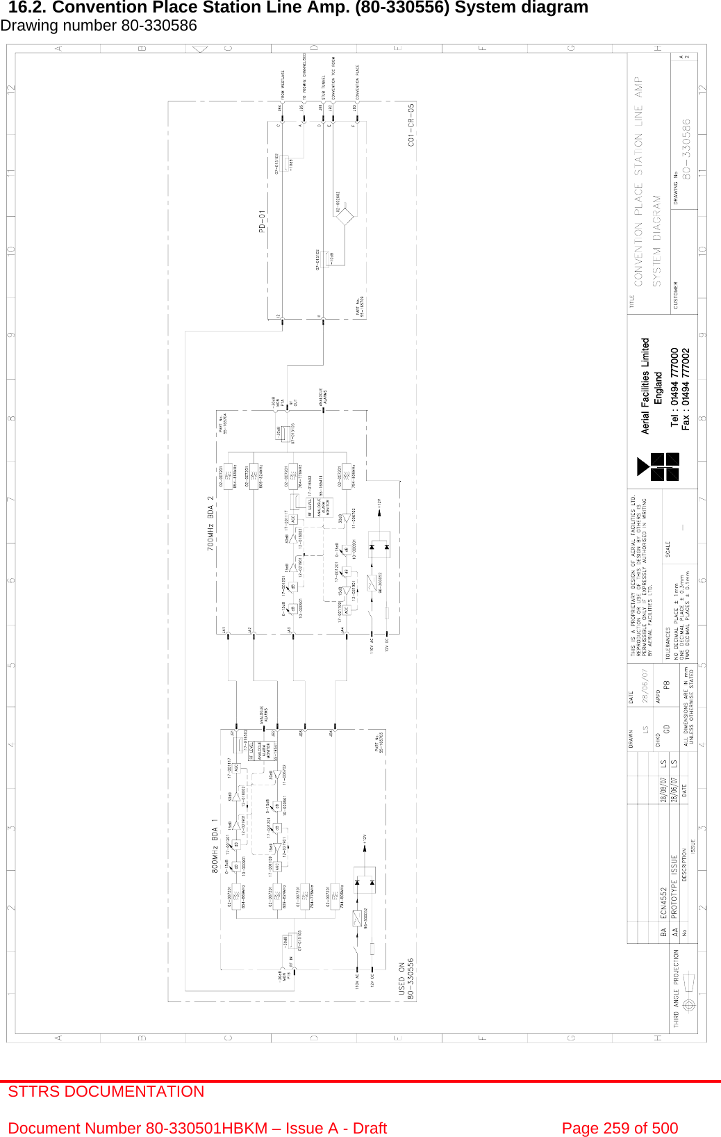 STTRS DOCUMENTATION  Document Number 80-330501HBKM – Issue A - Draft  Page 259 of 500   16.2. Convention Place Station Line Amp. (80-330556) System diagram Drawing number 80-330586                                                   