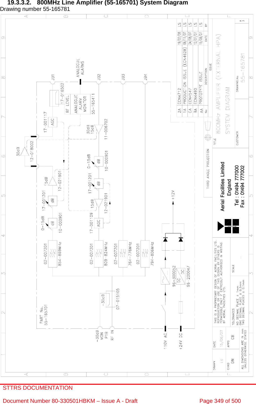 STTRS DOCUMENTATION  Document Number 80-330501HBKM – Issue A - Draft  Page 349 of 500   19.3.3.2.  800MHz Line Amplifier (55-165701) System Diagram  Drawing number 55-165781                                                       