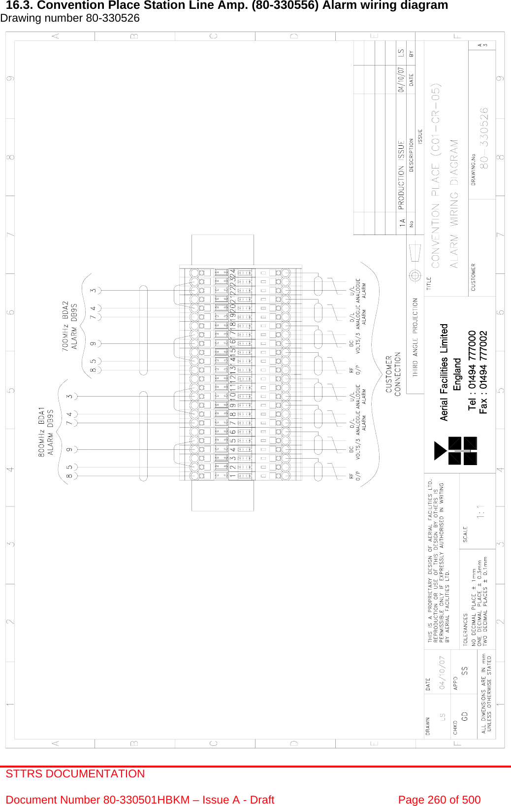 STTRS DOCUMENTATION  Document Number 80-330501HBKM – Issue A - Draft  Page 260 of 500   16.3. Convention Place Station Line Amp. (80-330556) Alarm wiring diagram Drawing number 80-330526               