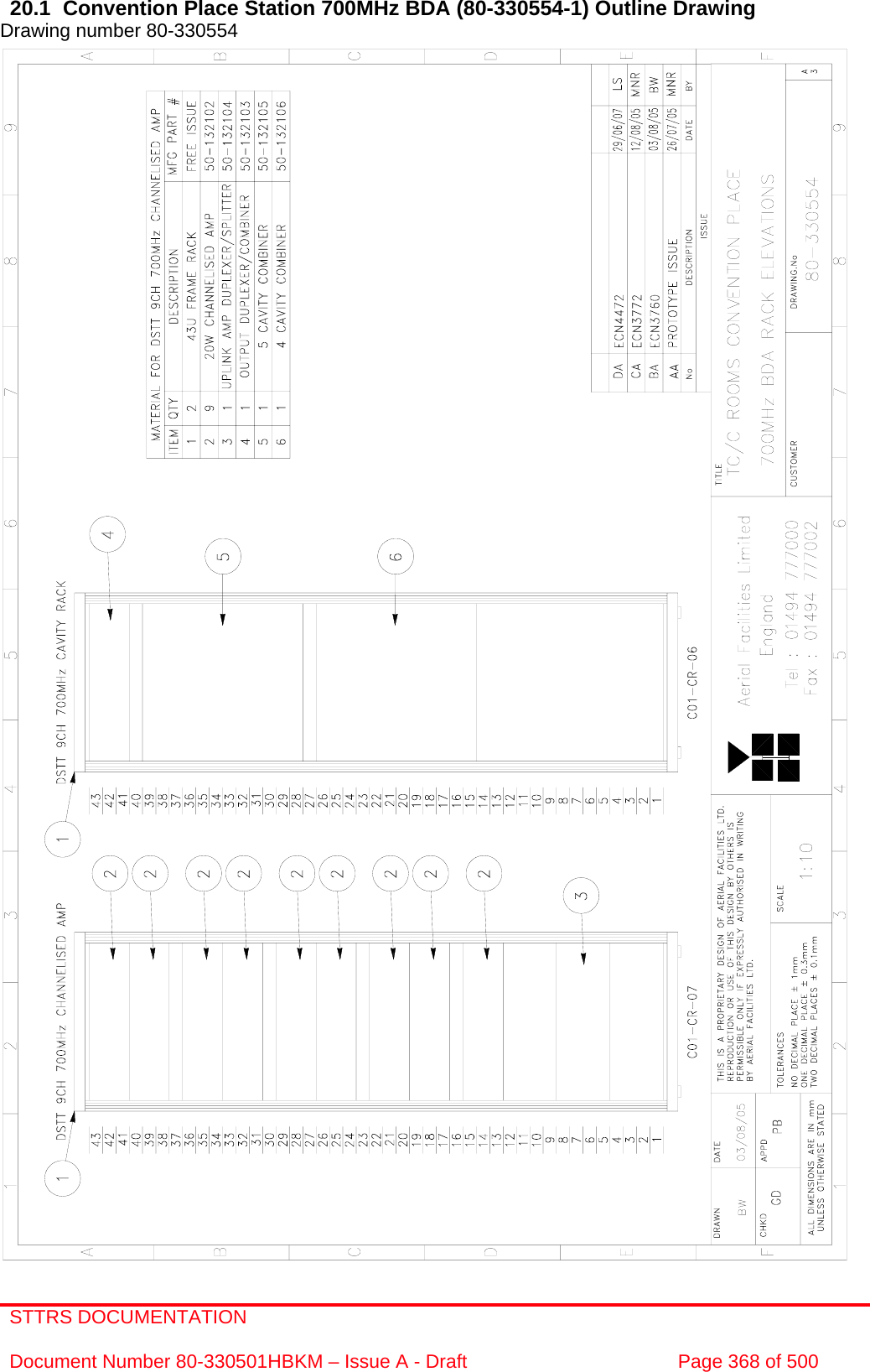 STTRS DOCUMENTATION  Document Number 80-330501HBKM – Issue A - Draft  Page 368 of 500   20.1  Convention Place Station 700MHz BDA (80-330554-1) Outline Drawing  Drawing number 80-330554                                                       