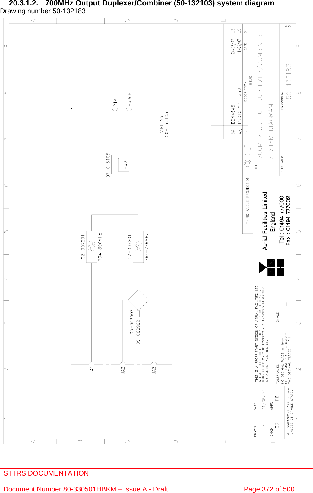 STTRS DOCUMENTATION  Document Number 80-330501HBKM – Issue A - Draft  Page 372 of 500   20.3.1.2.  700MHz Output Duplexer/Combiner (50-132103) system diagram  Drawing number 50-132183                                                      
