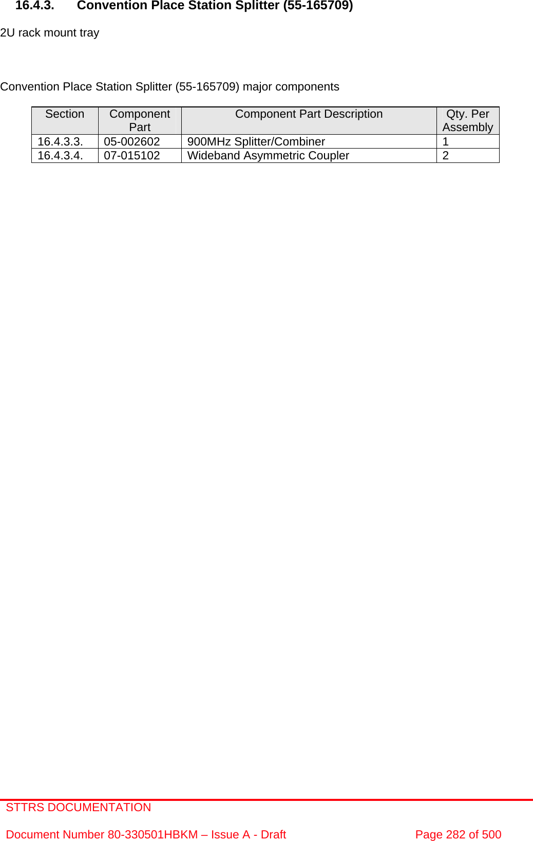 STTRS DOCUMENTATION  Document Number 80-330501HBKM – Issue A - Draft  Page 282 of 500   16.4.3.  Convention Place Station Splitter (55-165709)  2U rack mount tray    Convention Place Station Splitter (55-165709) major components  Section  Component Part  Component Part Description  Qty. Per Assembly16.4.3.3. 05-002602  900MHz Splitter/Combiner  1 16.4.3.4.  07-015102  Wideband Asymmetric Coupler  2       