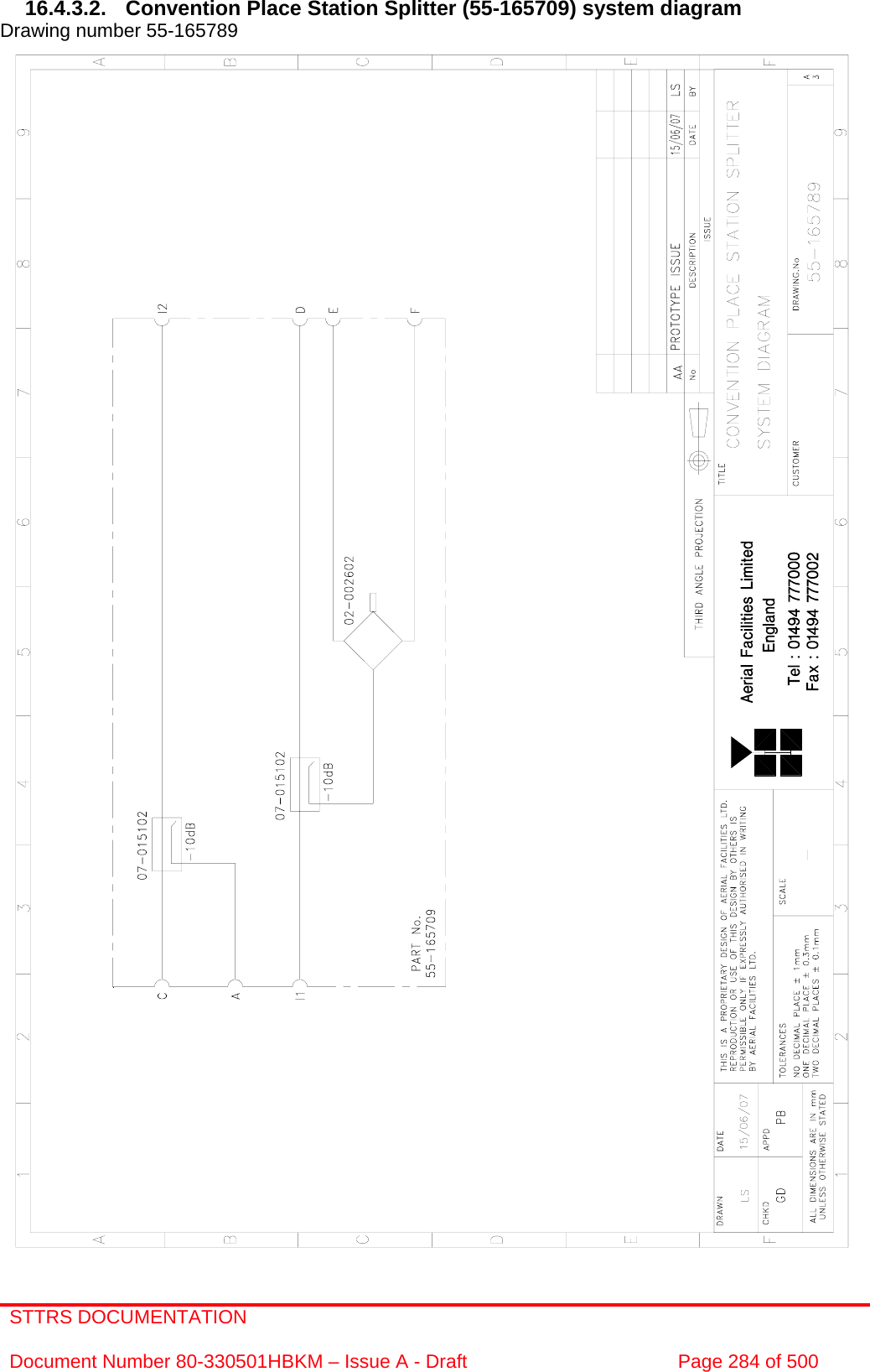 STTRS DOCUMENTATION  Document Number 80-330501HBKM – Issue A - Draft  Page 284 of 500   16.4.3.2. Convention Place Station Splitter (55-165709) system diagram Drawing number 55-165789                                                    