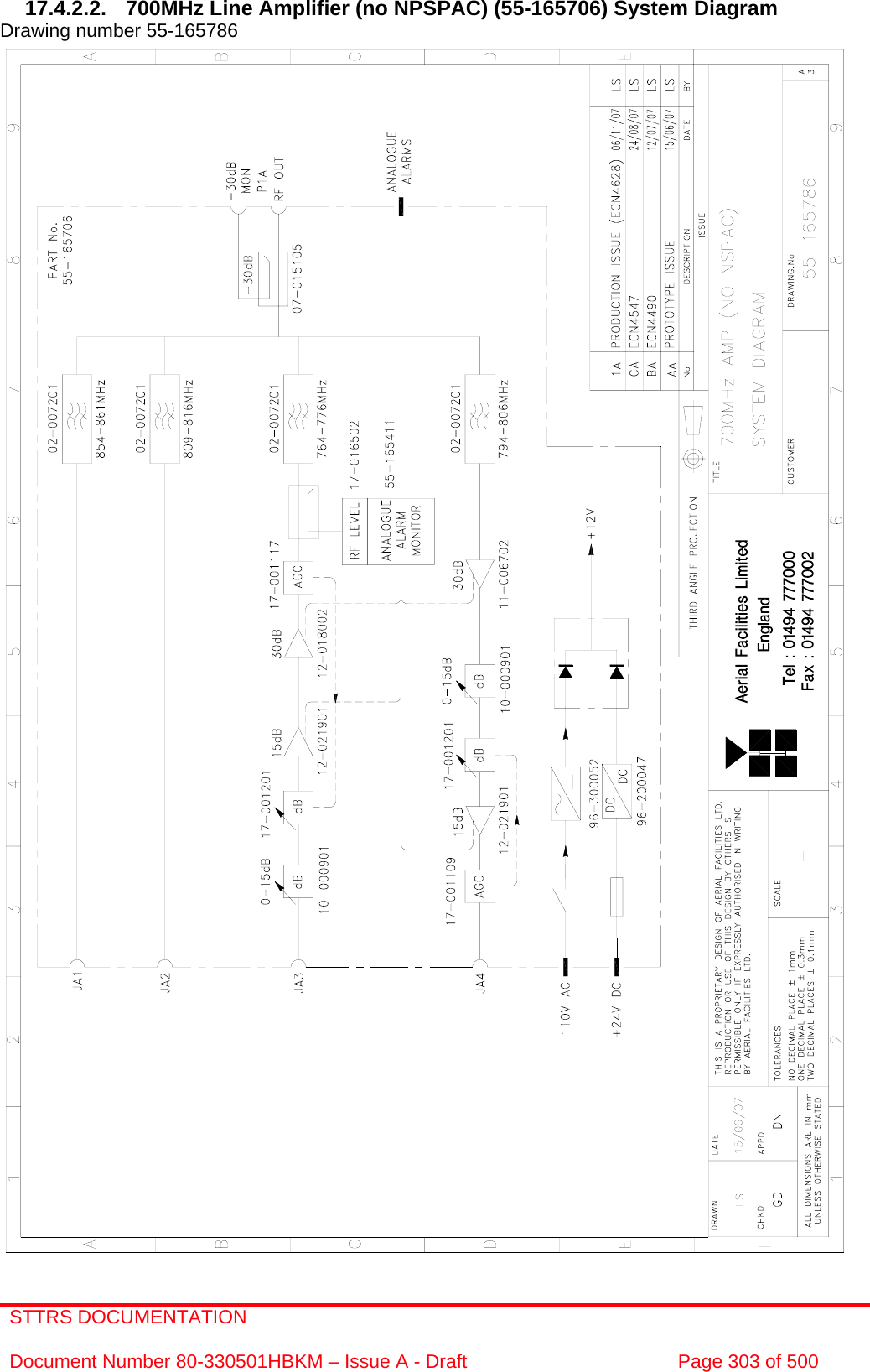 STTRS DOCUMENTATION  Document Number 80-330501HBKM – Issue A - Draft  Page 303 of 500   17.4.2.2.  700MHz Line Amplifier (no NPSPAC) (55-165706) System Diagram  Drawing number 55-165786                                                       