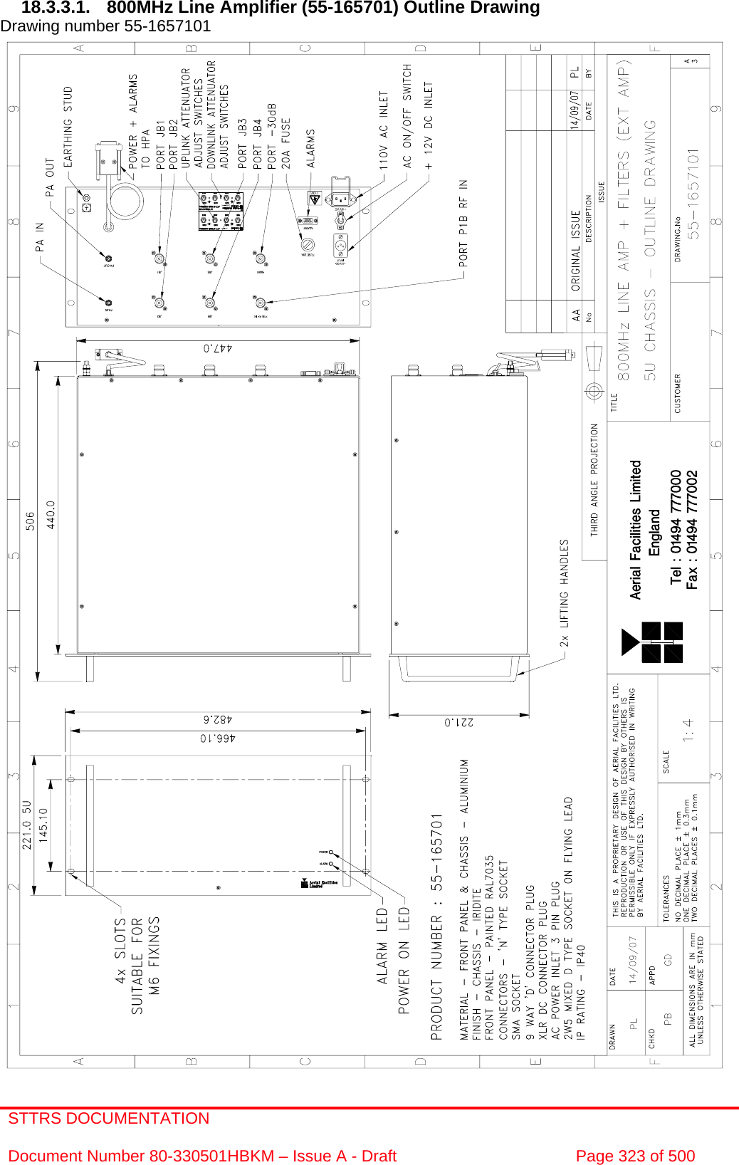 STTRS DOCUMENTATION  Document Number 80-330501HBKM – Issue A - Draft  Page 323 of 500   18.3.3.1.  800MHz Line Amplifier (55-165701) Outline Drawing  Drawing number 55-1657101                                            