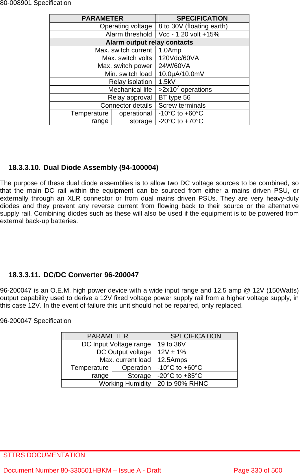 STTRS DOCUMENTATION  Document Number 80-330501HBKM – Issue A - Draft  Page 330 of 500   80-008901 Specification  PARAMETER  SPECIFICATION Operating voltage 8 to 30V (floating earth) Alarm threshold Vcc - 1.20 volt +15% Alarm output relay contacts Max. switch current 1.0Amp Max. switch volts 120Vdc/60VA Max. switch power 24W/60VA Min. switch load 10.0µA/10.0mV Relay isolation 1.5kV Mechanical life &gt;2x107 operations Relay approval BT type 56 Connector details Screw terminals operational -10°C to +60°C Temperature range  storage -20°C to +70°C      18.3.3.10. Dual Diode Assembly (94-100004)  The purpose of these dual diode assemblies is to allow two DC voltage sources to be combined, so that the main DC rail within the equipment can be sourced from either a mains driven PSU, or externally through an XLR connector or from dual mains driven PSUs. They are very heavy-duty diodes and they prevent any reverse current from flowing back to their source or the alternative supply rail. Combining diodes such as these will also be used if the equipment is to be powered from external back-up batteries.       18.3.3.11. DC/DC Converter 96-200047  96-200047 is an O.E.M. high power device with a wide input range and 12.5 amp @ 12V (150Watts) output capability used to derive a 12V fixed voltage power supply rail from a higher voltage supply, in this case 12V. In the event of failure this unit should not be repaired, only replaced.  96-200047 Specification  PARAMETER  SPECIFICATION DC Input Voltage range 19 to 36V DC Output voltage 12V ± 1% Max. current load 12.5Amps Operation -10°C to +60°C Temperature range  Storage -20°C to +85°C Working Humidity 20 to 90% RHNC   