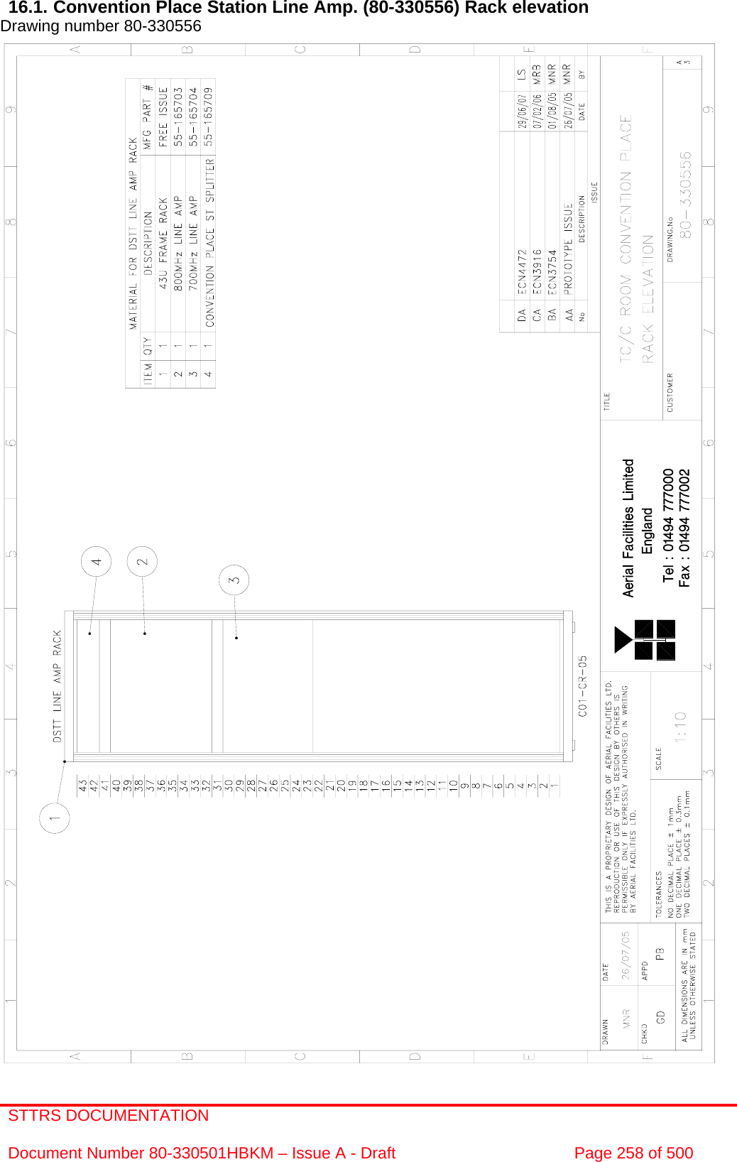 STTRS DOCUMENTATION  Document Number 80-330501HBKM – Issue A - Draft  Page 258 of 500   16.1. Convention Place Station Line Amp. (80-330556) Rack elevation  Drawing number 80-330556                                                      