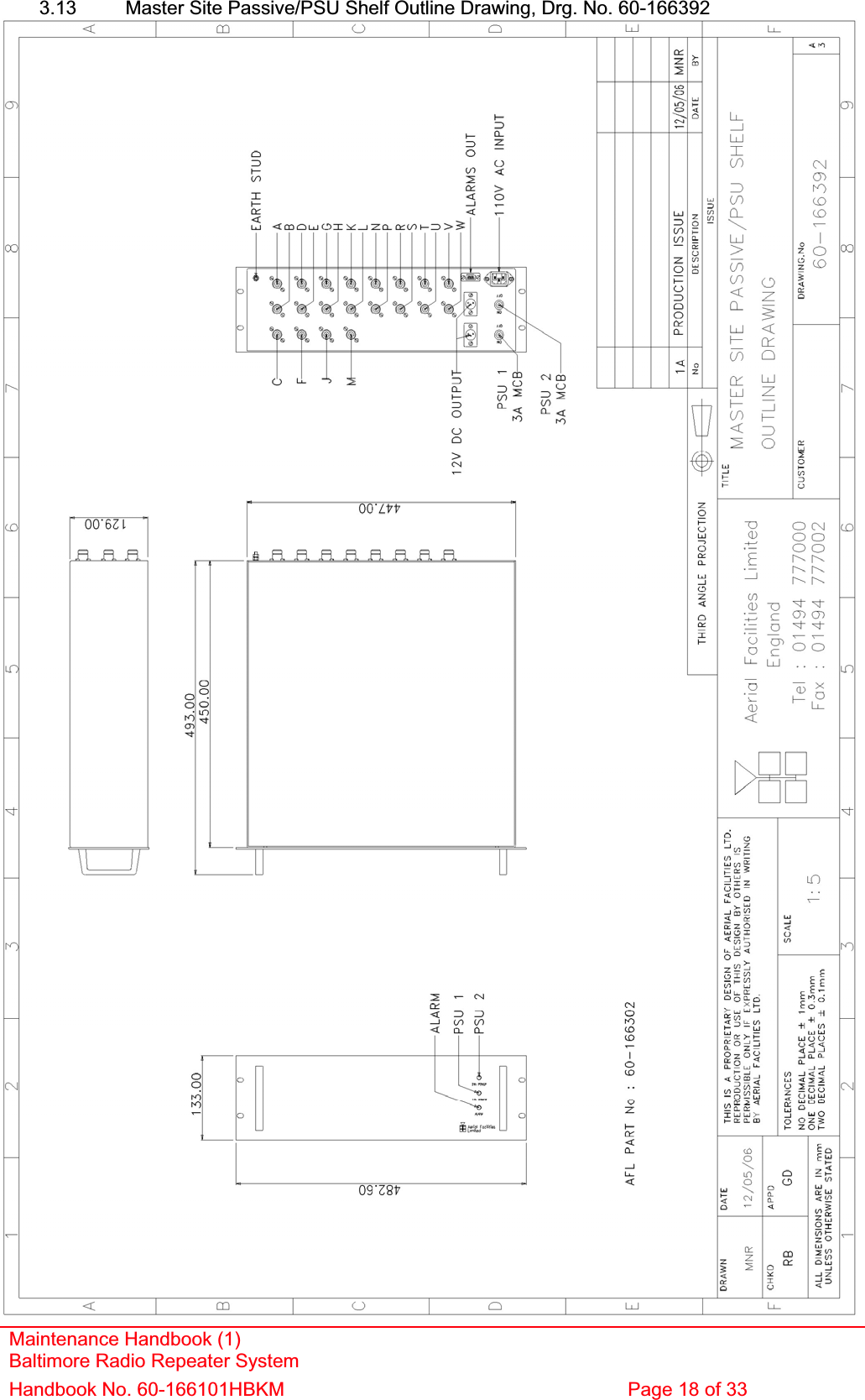 3.13  Master Site Passive/PSU Shelf Outline Drawing, Drg. No. 60-166392 Maintenance Handbook (1) Baltimore Radio Repeater System Handbook No. 60-166101HBKM  Page 18 of 33 
