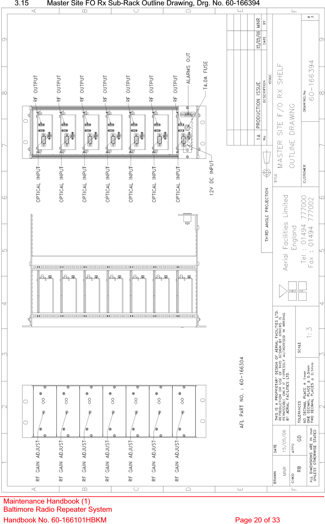 3.15  Master Site FO Rx Sub-Rack Outline Drawing, Drg. No. 60-166394 Maintenance Handbook (1) Baltimore Radio Repeater System Handbook No. 60-166101HBKM  Page 20 of 33 