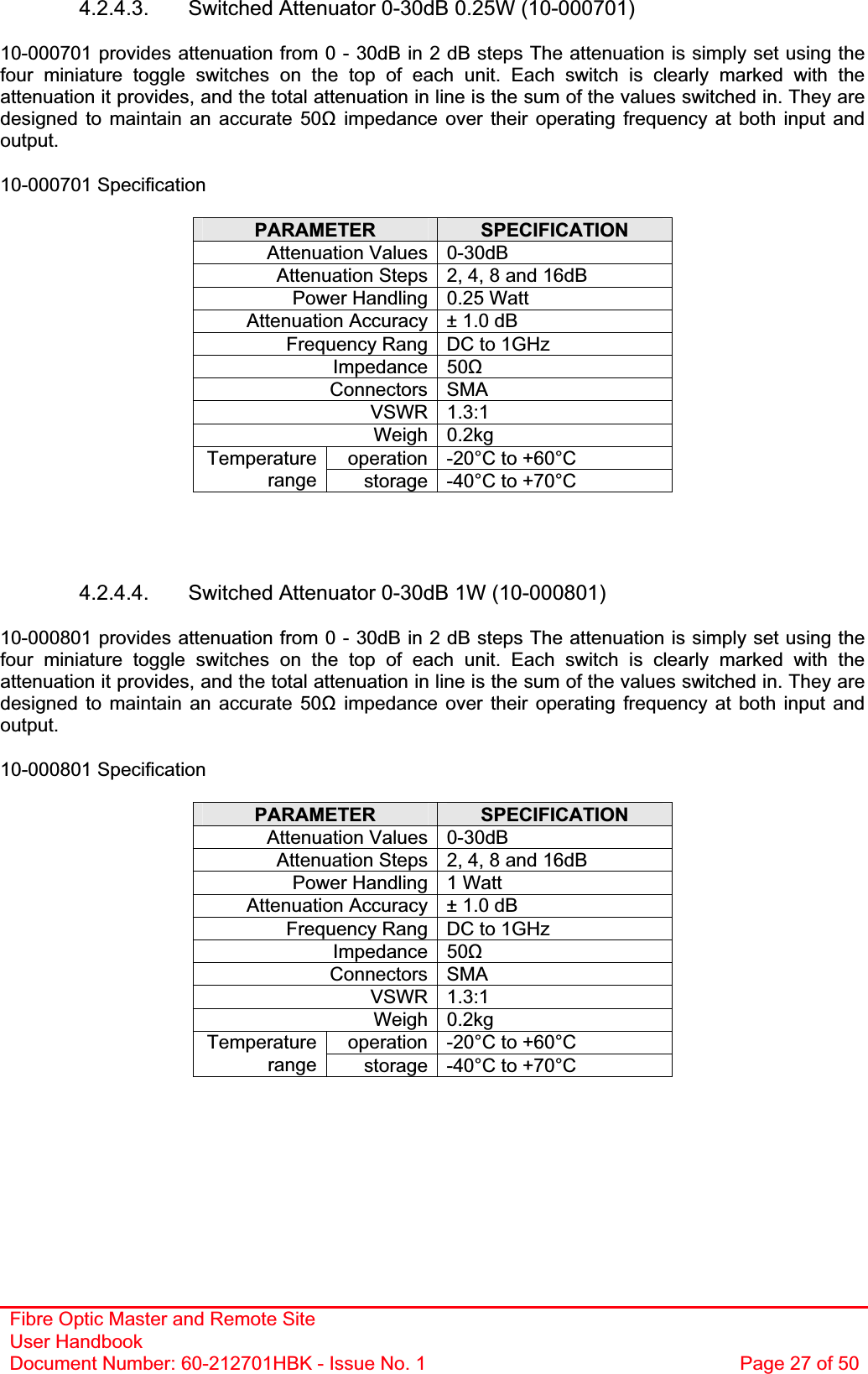 Fibre Optic Master and Remote Site User Handbook Document Number: 60-212701HBK - Issue No. 1  Page 27 of 504.2.4.3.  Switched Attenuator 0-30dB 0.25W (10-000701) 10-000701 provides attenuation from 0 - 30dB in 2 dB steps The attenuation is simply set using the four miniature toggle switches on the top of each unit. Each switch is clearly marked with the attenuation it provides, and the total attenuation in line is the sum of the values switched in. They are designed to maintain an accurate 50ȍ impedance over their operating frequency at both input and output.10-000701 Specification PARAMETER SPECIFICATIONAttenuation Values 0-30dB Attenuation Steps 2, 4, 8 and 16dB Power Handling 0.25 Watt Attenuation Accuracy ± 1.0 dB Frequency Rang  DC to 1GHz Impedance 50ȍConnectors SMA VSWR 1.3:1 Weigh 0.2kg operation -20°C to +60°C Temperaturerange storage -40°C to +70°C 4.2.4.4.  Switched Attenuator 0-30dB 1W (10-000801) 10-000801 provides attenuation from 0 - 30dB in 2 dB steps The attenuation is simply set using the four miniature toggle switches on the top of each unit. Each switch is clearly marked with the attenuation it provides, and the total attenuation in line is the sum of the values switched in. They are designed to maintain an accurate 50ȍ impedance over their operating frequency at both input and output.10-000801 Specification PARAMETER SPECIFICATIONAttenuation Values 0-30dB Attenuation Steps 2, 4, 8 and 16dB Power Handling 1 Watt Attenuation Accuracy ± 1.0 dB Frequency Rang  DC to 1GHz Impedance 50ȍConnectors SMA VSWR 1.3:1 Weigh 0.2kg operation -20°C to +60°C Temperaturerange storage -40°C to +70°C 