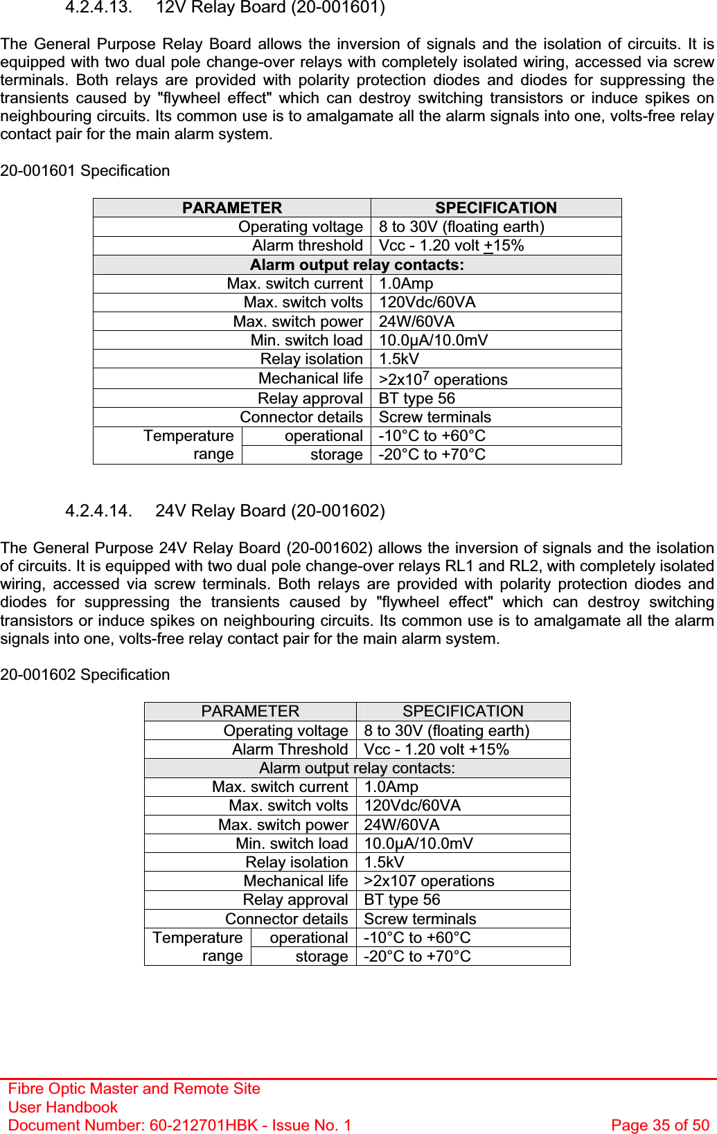 Fibre Optic Master and Remote Site User Handbook Document Number: 60-212701HBK - Issue No. 1  Page 35 of 504.2.4.13.  12V Relay Board (20-001601) The General Purpose Relay Board allows the inversion of signals and the isolation of circuits. It is equipped with two dual pole change-over relays with completely isolated wiring, accessed via screw terminals. Both relays are provided with polarity protection diodes and diodes for suppressing the transients caused by &quot;flywheel effect&quot; which can destroy switching transistors or induce spikes on neighbouring circuits. Its common use is to amalgamate all the alarm signals into one, volts-free relay contact pair for the main alarm system. 20-001601 Specification PARAMETER SPECIFICATIONOperating voltage 8 to 30V (floating earth) Alarm threshold Vcc - 1.20 volt +15%Alarm output relay contacts: Max. switch current 1.0Amp Max. switch volts 120Vdc/60VA Max. switch power 24W/60VA Min. switch load 10.0µA/10.0mV Relay isolation 1.5kV Mechanical life &gt;2x107 operations Relay approval BT type 56 Connector details Screw terminals operational -10°C to +60°C Temperaturerange storage -20°C to +70°C 4.2.4.14.  24V Relay Board (20-001602) The General Purpose 24V Relay Board (20-001602) allows the inversion of signals and the isolation of circuits. It is equipped with two dual pole change-over relays RL1 and RL2, with completely isolated wiring, accessed via screw terminals. Both relays are provided with polarity protection diodes and diodes for suppressing the transients caused by &quot;flywheel effect&quot; which can destroy switching transistors or induce spikes on neighbouring circuits. Its common use is to amalgamate all the alarm signals into one, volts-free relay contact pair for the main alarm system. 20-001602 Specification PARAMETER SPECIFICATIONOperating voltage 8 to 30V (floating earth) Alarm Threshold Vcc - 1.20 volt +15% Alarm output relay contacts: Max. switch current 1.0Amp Max. switch volts 120Vdc/60VA Max. switch power 24W/60VA Min. switch load 10.0µA/10.0mV Relay isolation 1.5kV Mechanical life &gt;2x107 operations Relay approval BT type 56 Connector details Screw terminals operational -10°C to +60°C Temperaturerange storage -20°C to +70°C 