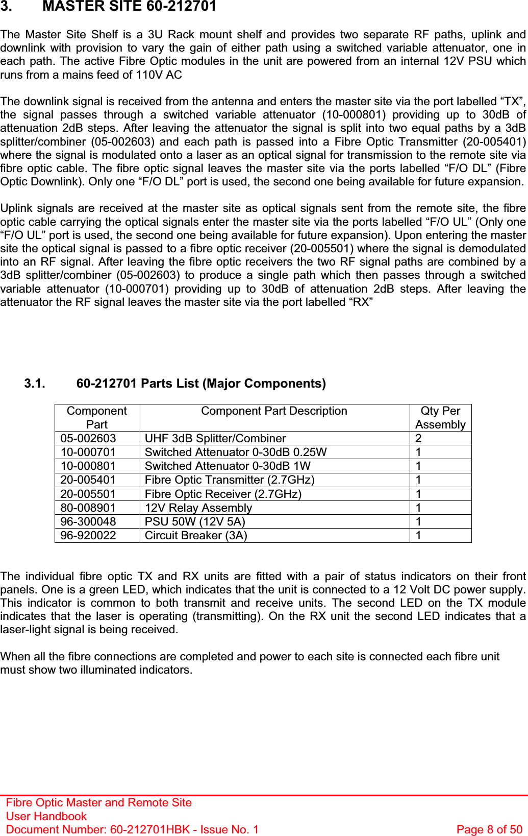 Fibre Optic Master and Remote Site User Handbook Document Number: 60-212701HBK - Issue No. 1  Page 8 of 503.   MASTER SITE 60-212701 The Master Site Shelf is a 3U Rack mount shelf and provides two separate RF paths, uplink and downlink with provision to vary the gain of either path using a switched variable attenuator, one in each path. The active Fibre Optic modules in the unit are powered from an internal 12V PSU which runs from a mains feed of 110V AC The downlink signal is received from the antenna and enters the master site via the port labelled “TX”, the signal passes through a switched variable attenuator (10-000801) providing up to 30dB of attenuation 2dB steps. After leaving the attenuator the signal is split into two equal paths by a 3dB splitter/combiner (05-002603) and each path is passed into a Fibre Optic Transmitter (20-005401) where the signal is modulated onto a laser as an optical signal for transmission to the remote site via fibre optic cable. The fibre optic signal leaves the master site via the ports labelled “F/O DL” (Fibre Optic Downlink). Only one “F/O DL” port is used, the second one being available for future expansion. Uplink signals are received at the master site as optical signals sent from the remote site, the fibre optic cable carrying the optical signals enter the master site via the ports labelled “F/O UL” (Only one “F/O UL” port is used, the second one being available for future expansion). Upon entering the master site the optical signal is passed to a fibre optic receiver (20-005501) where the signal is demodulated into an RF signal. After leaving the fibre optic receivers the two RF signal paths are combined by a 3dB splitter/combiner (05-002603) to produce a single path which then passes through a switched variable attenuator (10-000701) providing up to 30dB of attenuation 2dB steps. After leaving the attenuator the RF signal leaves the master site via the port labelled “RX” 3.1.  60-212701 Parts List (Major Components) ComponentPartComponent Part Description  Qty Per Assembly05-002603  UHF 3dB Splitter/Combiner  2 10-000701  Switched Attenuator 0-30dB 0.25W   1 10-000801  Switched Attenuator 0-30dB 1W   1 20-005401  Fibre Optic Transmitter (2.7GHz)  1 20-005501  Fibre Optic Receiver (2.7GHz)  1 80-008901  12V Relay Assembly  1 96-300048  PSU 50W (12V 5A)  1 96-920022  Circuit Breaker (3A)  1 The individual fibre optic TX and RX units are fitted with a pair of status indicators on their front panels. One is a green LED, which indicates that the unit is connected to a 12 Volt DC power supply. This indicator is common to both transmit and receive units. The second LED on the TX module indicates that the laser is operating (transmitting). On the RX unit the second LED indicates that a laser-light signal is being received. When all the fibre connections are completed and power to each site is connected each fibre unit must show two illuminated indicators. 