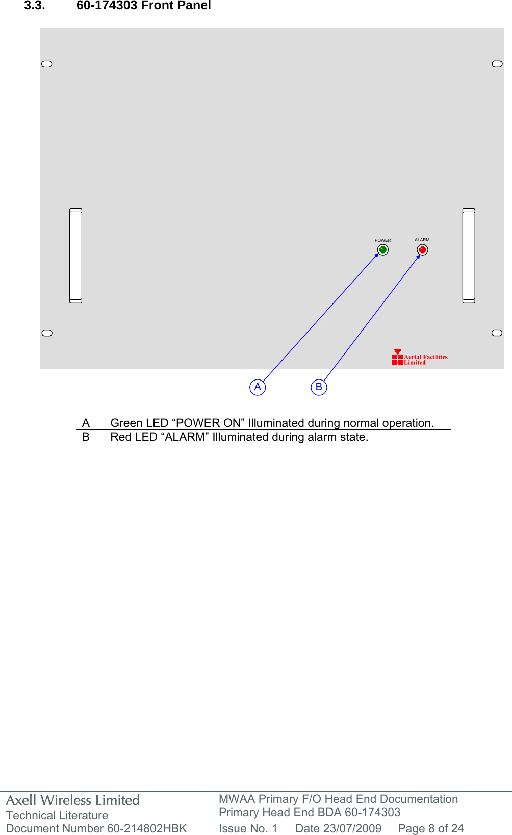 Axell Wireless Limited Technical Literature MWAA Primary F/O Head End Documentation Primary Head End BDA 60-174303 Document Number 60-214802HBK  Issue No. 1  Date 23/07/2009  Page 8 of 24  POWER ALARMA B 3.3. 60-174303 Front Panel                               A  Green LED &ldquo;POWER ON&rdquo; Illuminated during normal operation. B  Red LED &ldquo;ALARM&rdquo; Illuminated during alarm state.                 