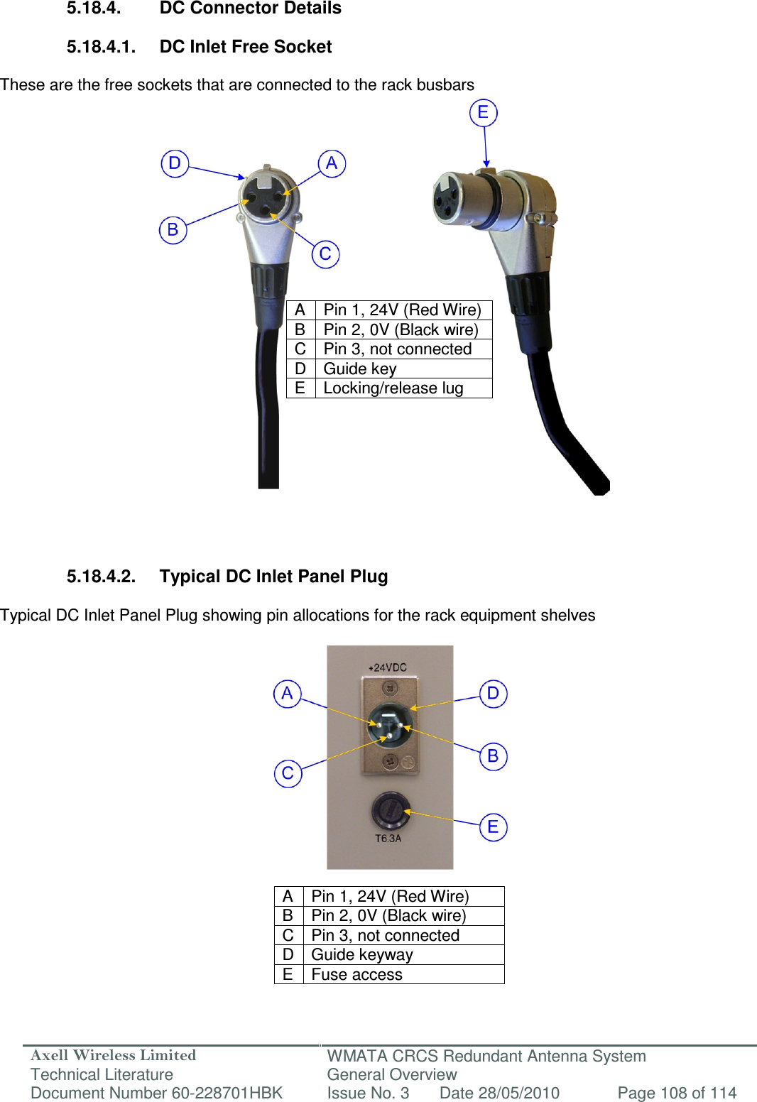 Axell Wireless Limited Technical Literature WMATA CRCS Redundant Antenna System General Overview Document Number 60-228701HBK  Issue No. 3  Date 28/05/2010  Page 108 of 114   5.18.4.  DC Connector Details  5.18.4.1.  DC Inlet Free Socket  These are the free sockets that are connected to the rack busbars            A  Pin 1, 24V (Red Wire) B  Pin 2, 0V (Black wire) C Pin 3, not connected D Guide key E  Locking/release lug          5.18.4.2.  Typical DC Inlet Panel Plug   Typical DC Inlet Panel Plug showing pin allocations for the rack equipment shelves               A  Pin 1, 24V (Red Wire) B  Pin 2, 0V (Black wire) C Pin 3, not connected D Guide keyway E  Fuse access   