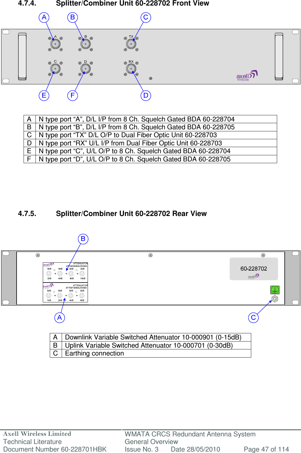 Axell Wireless Limited Technical Literature WMATA CRCS Redundant Antenna System General Overview Document Number 60-228701HBK  Issue No. 3  Date 28/05/2010  Page 47 of 114   4.7.4.  Splitter/Combiner Unit 60-228702 Front View               A  N type port “A”, D/L I/P from 8 Ch. Squelch Gated BDA 60-228704 B  N type port “B”, D/L I/P from 8 Ch. Squelch Gated BDA 60-228705 C N type port “TX” D/L O/P to Dual Fiber Optic Unit 60-228703 D N type port “RX” U/L I/P from Dual Fiber Optic Unit 60-228703 E  N type port “C”, U/L O/P to 8 Ch. Squelch Gated BDA 60-228704 F  N type port “D”, U/L O/P to 8 Ch. Squelch Gated BDA 60-228705       4.7.5.  Splitter/Combiner Unit 60-228702 Rear View                A  Downlink Variable Switched Attenuator 10-000901 (0-15dB) B  Uplink Variable Switched Attenuator 10-000701 (0-30dB) C Earthing connection       