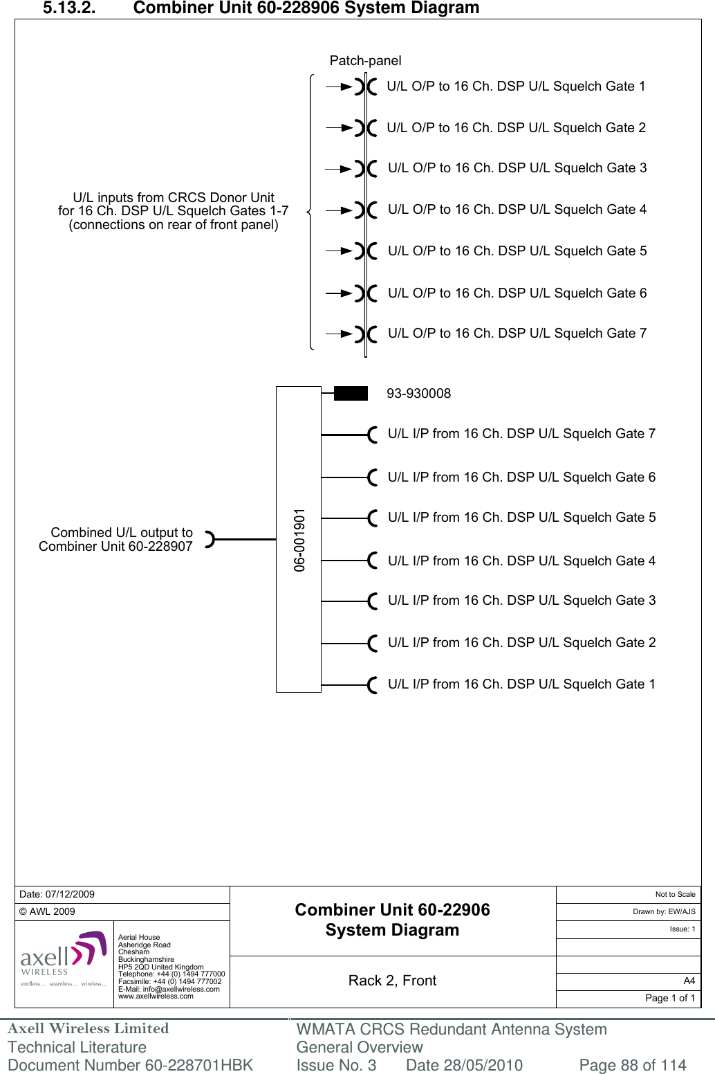 Axell Wireless Limited Technical Literature WMATA CRCS Redundant Antenna System General Overview Document Number 60-228701HBK  Issue No. 3  Date 28/05/2010  Page 88 of 114  Date: 07/12/2009© AWL 2009Page 1 of 1A4Issue: 1Drawn by: EW/AJSNot to ScaleAerial HouseAsheridge RoadCheshamBuckinghamshireHP5 2QD United KingdomTelephone: +44 (0) 1494 777000Facsimile: +44 (0) 1494 777002E-Mail: info@axellwireless.comwww.axellwireless.comCombiner Unit 60-22906System DiagramRack 2, Front93-930008Patch-panelU/L inputs from CRCS Donor Unit for 16 Ch. DSP U/L Squelch Gates 1-7(connections on rear of front panel)Combined U/L output to Combiner Unit 60-228907U/L O/P to 16 Ch. DSP U/L Squelch Gate 3U/L O/P to 16 Ch. DSP U/L Squelch Gate 4U/L O/P to 16 Ch. DSP U/L Squelch Gate 5U/L O/P to 16 Ch. DSP U/L Squelch Gate 6U/L O/P to 16 Ch. DSP U/L Squelch Gate 7U/L I/P from 16 Ch. DSP U/L Squelch Gate 1U/L I/P from 16 Ch. DSP U/L Squelch Gate 2U/L I/P from 16 Ch. DSP U/L Squelch Gate 3U/L I/P from 16 Ch. DSP U/L Squelch Gate 4U/L I/P from 16 Ch. DSP U/L Squelch Gate 5U/L I/P from 16 Ch. DSP U/L Squelch Gate 6U/L I/P from 16 Ch. DSP U/L Squelch Gate 7U/L O/P to 16 Ch. DSP U/L Squelch Gate 1U/L O/P to 16 Ch. DSP U/L Squelch Gate 2 5.13.2.  Combiner Unit 60-228906 System Diagram                                           