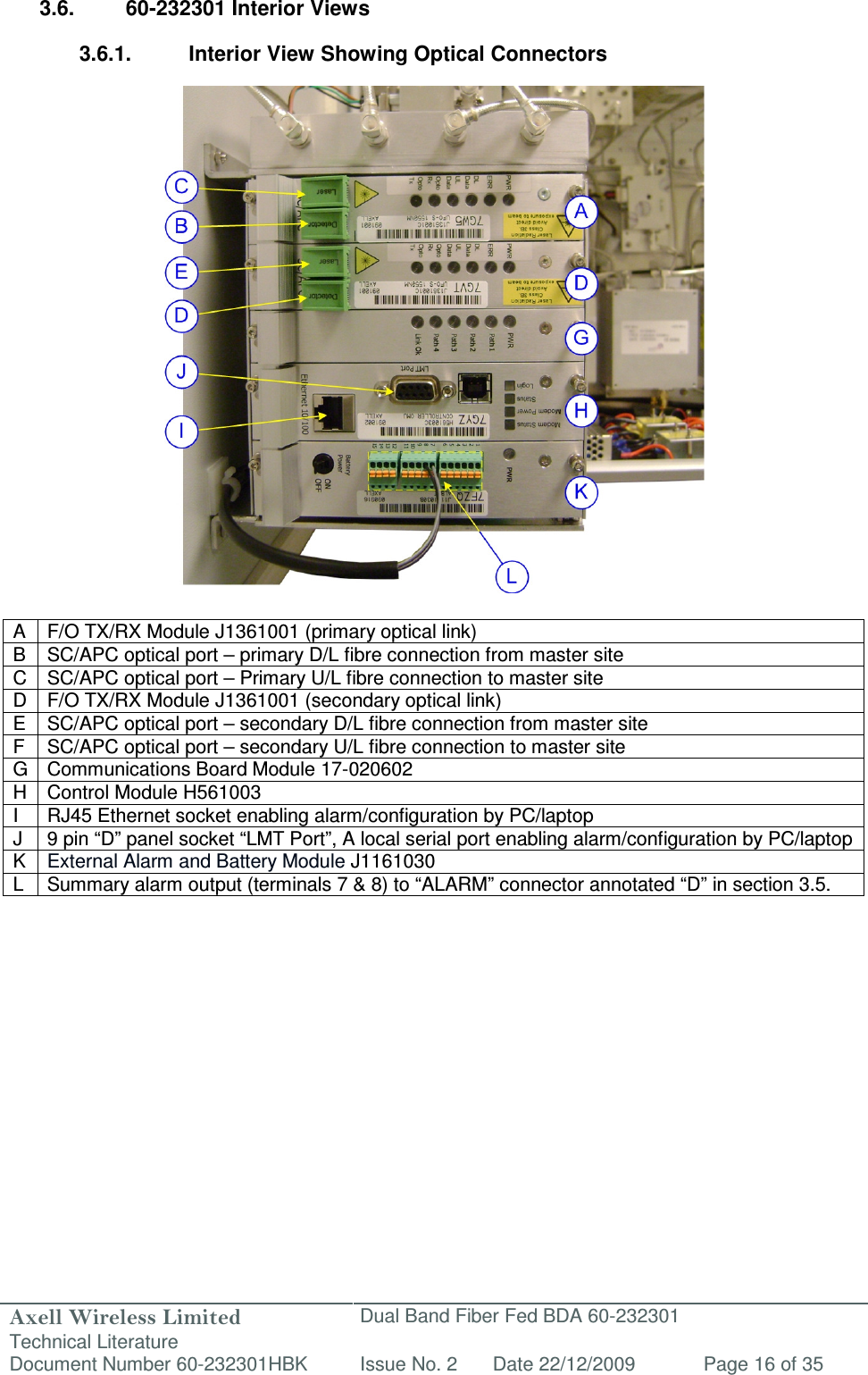 Axell Wireless Limited Technical Literature Dual Band Fiber Fed BDA 60-232301 Document Number 60-232301HBK Issue No. 2 Date 22/12/2009 Page 16 of 35   3.6.  60-232301 Interior Views  3.6.1.  Interior View Showing Optical Connectors                          A  F/O TX/RX Module J1361001 (primary optical link) B  SC/APC optical port – primary D/L fibre connection from master site C SC/APC optical port – Primary U/L fibre connection to master site D F/O TX/RX Module J1361001 (secondary optical link) E SC/APC optical port – secondary D/L fibre connection from master site F  SC/APC optical port – secondary U/L fibre connection to master site G Communications Board Module 17-020602 H Control Module H561003 I  RJ45 Ethernet socket enabling alarm/configuration by PC/laptop J  9 pin “D” panel socket “LMT Port”, A local serial port enabling alarm/configuration by PC/laptop K  External Alarm and Battery Module J1161030 L Summary alarm output (terminals 7 &amp; 8) to “ALARM” connector annotated “D” in section 3.5.        