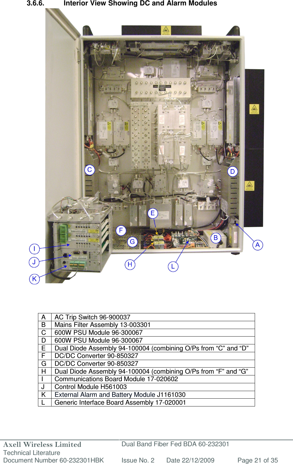 Axell Wireless Limited Technical Literature Dual Band Fiber Fed BDA 60-232301 Document Number 60-232301HBK Issue No. 2 Date 22/12/2009 Page 21 of 35   3.6.6.  Interior View Showing DC and Alarm Modules                                          A  AC Trip Switch 96-900037 B  Mains Filter Assembly 13-003301 C  600W PSU Module 96-300067 D  600W PSU Module 96-300067 E Dual Diode Assembly 94-100004 (combining O/Ps from “C” and “D” F  DC/DC Converter 90-850327 G DC/DC Converter 90-850327 H  Dual Diode Assembly 94-100004 (combining O/Ps from “F” and “G” I  Communications Board Module 17-020602 J  Control Module H561003 K  External Alarm and Battery Module J1161030 L Generic Interface Board Assembly 17-020001   