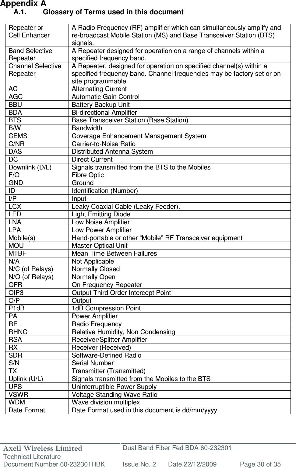 Axell Wireless Limited Technical Literature Dual Band Fiber Fed BDA 60-232301 Document Number 60-232301HBK Issue No. 2 Date 22/12/2009 Page 30 of 35   Appendix A A.1.  Glossary of Terms used in this document  Repeater or Cell Enhancer A Radio Frequency (RF) amplifier which can simultaneously amplify and re-broadcast Mobile Station (MS) and Base Transceiver Station (BTS) signals. Band Selective  Repeater A Repeater designed for operation on a range of channels within a specified frequency band. Channel Selective Repeater A Repeater, designed for operation on specified channel(s) within a specified frequency band. Channel frequencies may be factory set or on-site programmable. AC  Alternating Current AGC  Automatic Gain Control BBU  Battery Backup Unit BDA  Bi-directional Amplifier BTS  Base Transceiver Station (Base Station) B/W Bandwidth CEMS  Coverage Enhancement Management System C/NR  Carrier-to-Noise Ratio DAS  Distributed Antenna System DC  Direct Current Downlink (D/L)  Signals transmitted from the BTS to the Mobiles F/O  Fibre Optic GND Ground ID  Identification (Number) I/P  Input LCX  Leaky Coaxial Cable (Leaky Feeder). LED  Light Emitting Diode LNA  Low Noise Amplifier LPA  Low Power Amplifier Mobile(s) Hand-portable or other “Mobile” RF Transceiver equipment MOU  Master Optical Unit MTBF  Mean Time Between Failures N/A  Not Applicable N/C (of Relays)  Normally Closed N/O (of Relays)  Normally Open OFR  On Frequency Repeater OIP3 Output Third Order Intercept Point O/P  Output P1dB  1dB Compression Point PA  Power Amplifier RF  Radio Frequency RHNC  Relative Humidity, Non Condensing RSA  Receiver/Splitter Amplifier RX  Receiver (Received) SDR  Software-Defined Radio S/N  Serial Number TX  Transmitter (Transmitted) Uplink (U/L)  Signals transmitted from the Mobiles to the BTS UPS Uninterruptible Power Supply VSWR  Voltage Standing Wave Ratio WDM  Wave division multiplex Date Format  Date Format used in this document is dd/mm/yyyy   