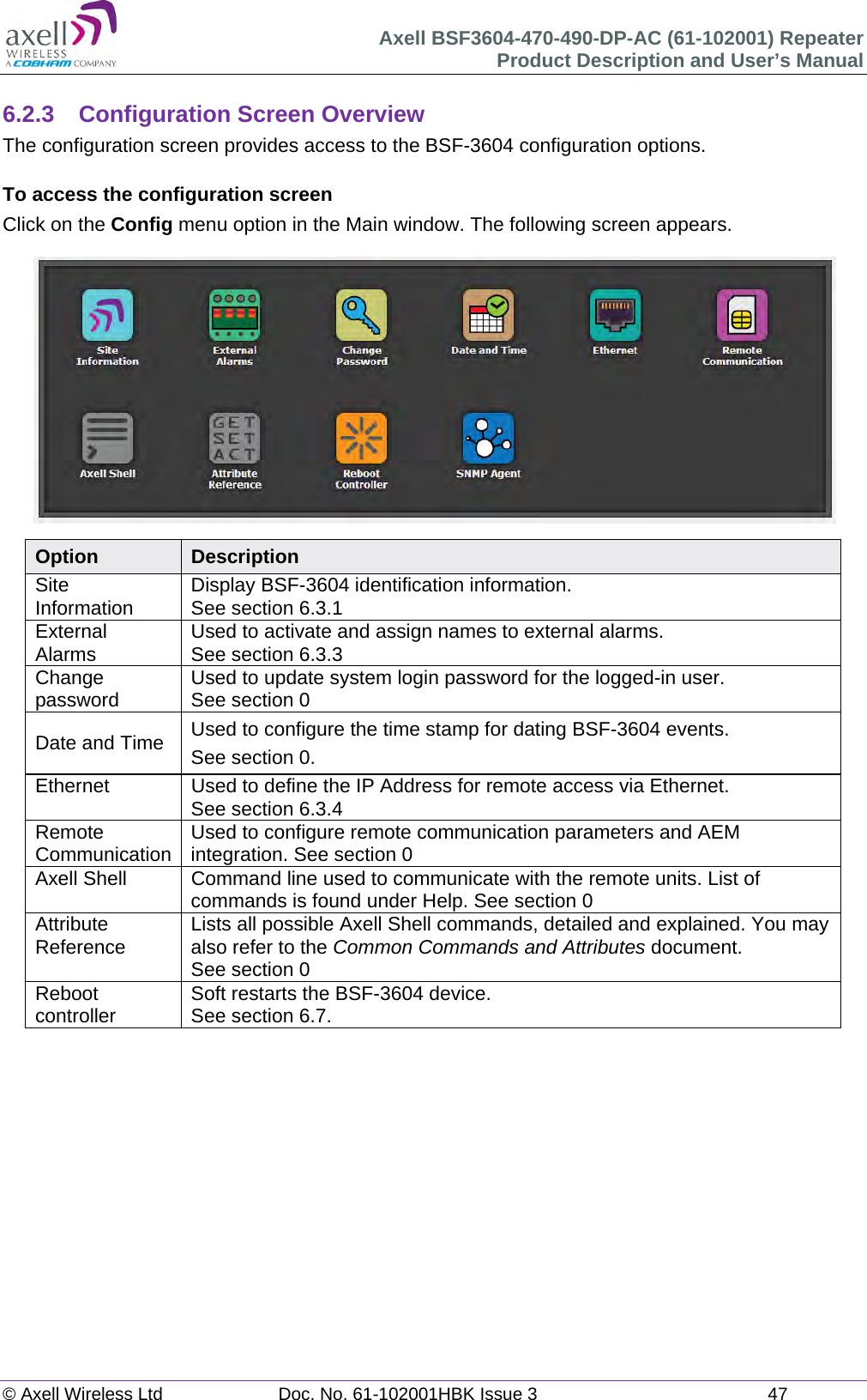 Axell BSF3604-470-490-DP-AC (61-102001) Repeater Product Description and User’s Manual © Axell Wireless Ltd  Doc. No. 61-102001HBK Issue 3  47   6.2.3  Configuration Screen Overview The configuration screen provides access to the BSF-3604 configuration options.  To access the configuration screen Click on the Config menu option in the Main window. The following screen appears.  Option  Description Site Information  Display BSF-3604 identification information.  See section 6.3.1 External Alarms  Used to activate and assign names to external alarms.  See section 6.3.3 Change password  Used to update system login password for the logged-in user.  See section 0 Date and Time  Used to configure the time stamp for dating BSF-3604 events.  See section 0. Ethernet  Used to define the IP Address for remote access via Ethernet.  See section 6.3.4 Remote Communication  Used to configure remote communication parameters and AEM integration. See section 0 Axell Shell  Command line used to communicate with the remote units. List of commands is found under Help. See section 0 Attribute Reference  Lists all possible Axell Shell commands, detailed and explained. You may also refer to the Common Commands and Attributes document.  See section 0 Reboot controller  Soft restarts the BSF-3604 device.  See section 6.7.    