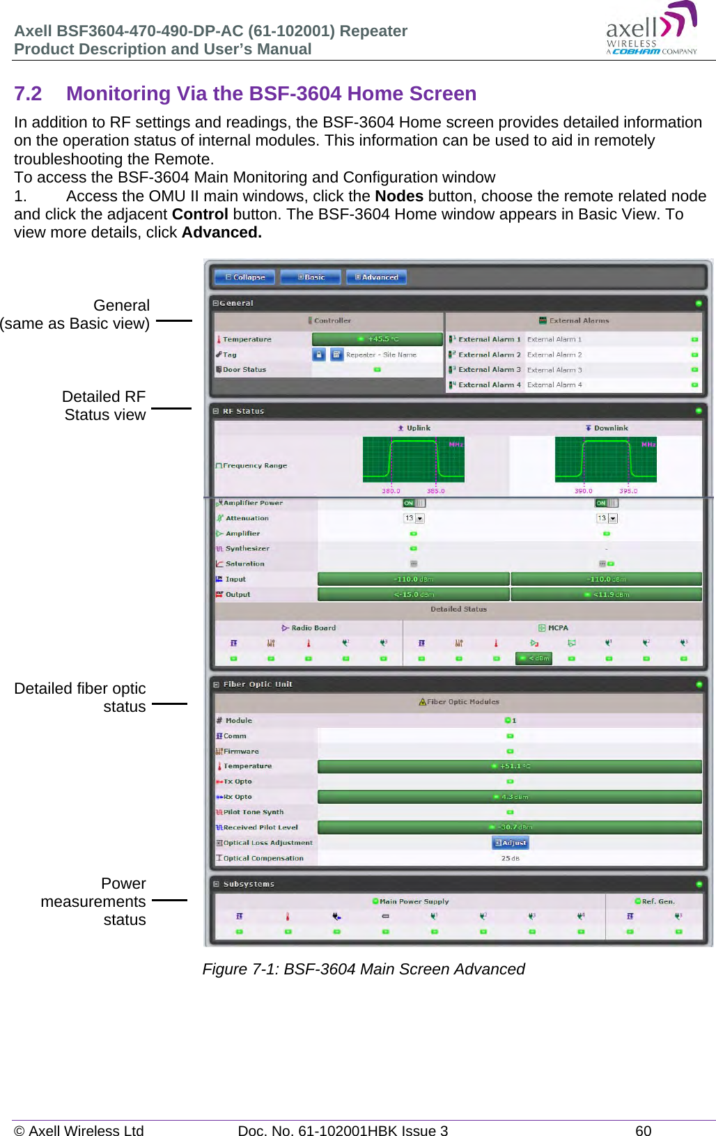 Axell BSF3604-470-490-DP-AC (61-102001) Repeater Product Description and User’s Manual © Axell Wireless Ltd  Doc. No. 61-102001HBK Issue 3  60   7.2  Monitoring Via the BSF-3604 Home Screen In addition to RF settings and readings, the BSF-3604 Home screen provides detailed information on the operation status of internal modules. This information can be used to aid in remotely troubleshooting the Remote. To access the BSF-3604 Main Monitoring and Configuration window 1.   Access the OMU II main windows, click the Nodes button, choose the remote related node and click the adjacent Control button. The BSF-3604 Home window appears in Basic View. To view more details, click Advanced.   Figure 7-1: BSF-3604 Main Screen Advanced   General (same as Basic view)Detailed RF Status viewDetailed fiber optic statusPowermeasurementsstatus