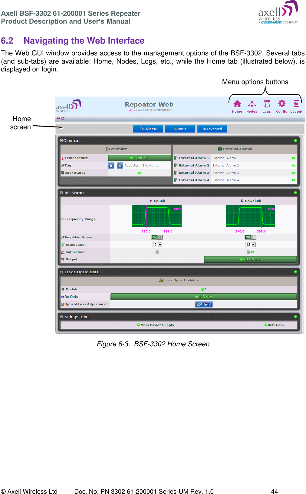 Axell BSF-3302 61-200001 Series Repeater Product Description and User&rsquo;s Manual &copy; Axell Wireless Ltd  Doc. No. PN 3302 61-200001 Series-UM Rev. 1.0  44   6.2  Navigating the Web Interface The Web GUI window provides access to the management options of the BSF-3302. Several tabs (and sub-tabs) are available: Home, Nodes, Logs, etc., while the Home tab (illustrated below), is displayed on login.    Figure 6-3:  BSF-3302 Home Screen     Menu options buttons Home screen  