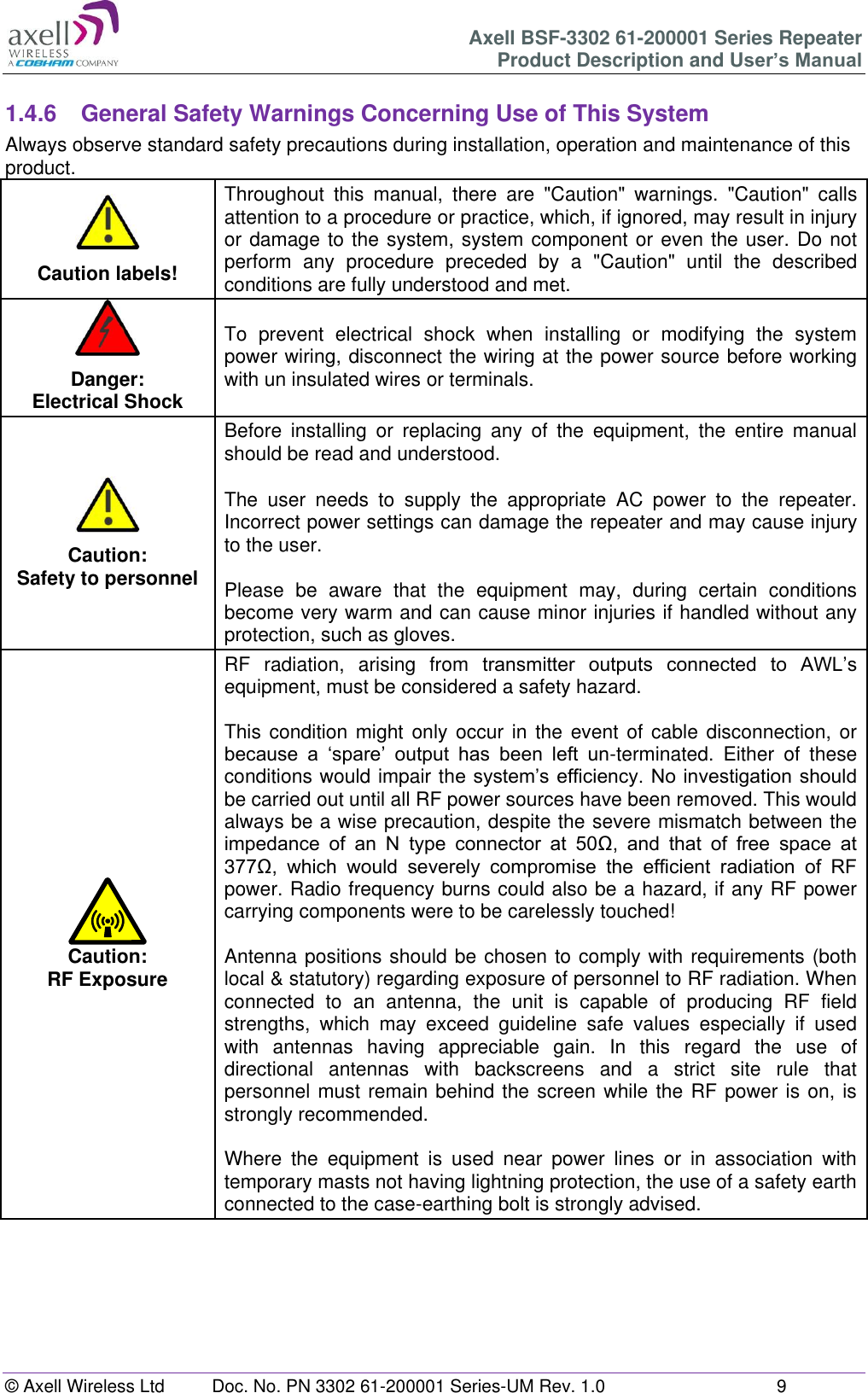 Axell BSF-3302 61-200001 Series Repeater Product Description and User&rsquo;s Manual &copy; Axell Wireless Ltd  Doc. No. PN 3302 61-200001 Series-UM Rev. 1.0  9   1.4.6  General Safety Warnings Concerning Use of This System Always observe standard safety precautions during installation, operation and maintenance of this product. Caution labels! Throughout  this  manual,  there  are  "Caution"  warnings.  "Caution"  calls attention to a procedure or practice, which, if ignored, may result in injury or damage to the system, system component or even the user. Do not perform  any  procedure  preceded  by  a  "Caution"  until  the  described conditions are fully understood and met.  Danger: Electrical Shock To  prevent  electrical  shock  when  installing  or  modifying  the  system power wiring, disconnect the wiring at the power source before working with un insulated wires or terminals. Caution: Safety to personnel Before  installing  or  replacing  any  of  the  equipment,  the  entire  manual should be read and understood.  The  user  needs  to  supply  the  appropriate  AC  power  to  the  repeater. Incorrect power settings can damage the repeater and may cause injury to the user.  Please  be  aware  that  the  equipment  may,  during  certain  conditions become very warm and can cause minor injuries if handled without any protection, such as gloves. Caution: RF Exposure RF  radiation,  arising  from  transmitter  outputs  connected  to  AWL&rsquo;s equipment, must be considered a safety hazard.  This condition might  only  occur  in the event of cable  disconnection,  or because  a  &lsquo;spare&rsquo;  output  has  been  left  un-terminated.  Either  of  these conditions would impair the system&rsquo;s efficiency. No investigation should be carried out until all RF power sources have been removed. This would always be a wise precaution, despite the severe mismatch between the impedance  of  an  N  type  connector  at  50Ω,  and  that  of  free  space  at 377Ω,  which  would  severely  compromise  the  efficient  radiation  of  RF power. Radio frequency burns could also be a hazard, if any RF power carrying components were to be carelessly touched!  Antenna positions should be chosen to comply with requirements (both local &amp; statutory) regarding exposure of personnel to RF radiation. When connected  to  an  antenna,  the  unit  is  capable  of  producing  RF  field strengths,  which  may  exceed  guideline  safe  values  especially  if  used with  antennas  having  appreciable  gain.  In  this  regard  the  use  of directional  antennas  with  backscreens  and  a  strict  site  rule  that personnel must remain behind the screen while the RF power is on, is strongly recommended.  Where  the  equipment  is  used  near  power  lines  or  in  association  with temporary masts not having lightning protection, the use of a safety earth connected to the case-earthing bolt is strongly advised.         
