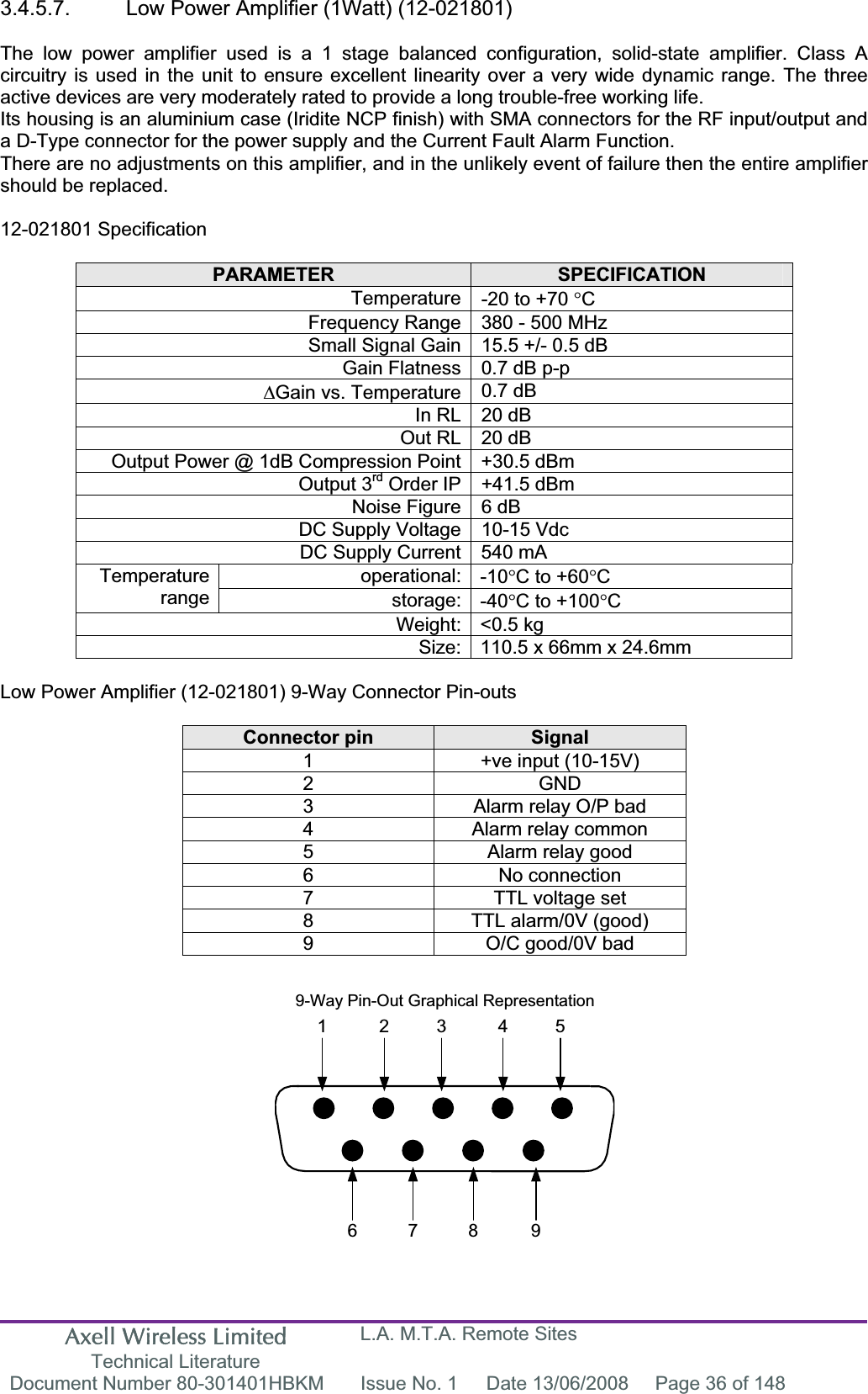 Axell Wireless Limited Technical Literature L.A. M.T.A. Remote Sites Document Number 80-301401HBKM  Issue No. 1  Date 13/06/2008  Page 36 of 148 7 8 961 2 3 4 59-Way Pin-Out Graphical Representation3.4.5.7.  Low Power Amplifier (1Watt) (12-021801) The low power amplifier used is a 1 stage balanced configuration, solid-state amplifier. Class A circuitry is used in the unit to ensure excellent linearity over a very wide dynamic range. The three active devices are very moderately rated to provide a long trouble-free working life.Its housing is an aluminium case (Iridite NCP finish) with SMA connectors for the RF input/output and a D-Type connector for the power supply and the Current Fault Alarm Function. There are no adjustments on this amplifier, and in the unlikely event of failure then the entire amplifier should be replaced. 12-021801 Specification PARAMETER SPECIFICATIONTemperature -20 to +70 qCFrequency Range 380 - 500 MHz Small Signal Gain 15.5 +/- 0.5 dB Gain Flatness 0.7 dB p-p  'Gain vs. Temperature 0.7 dBIn RL 20 dB  Out RL 20 dB  Output Power @ 1dB Compression Point +30.5 dBm  Output 3rd Order IP +41.5 dBm  Noise Figure 6 dB  DC Supply Voltage 10-15 Vdc DC Supply Current  540 mA  operational: -10qC to +60qCTemperaturerange storage: -40qC to +100qCWeight: <0.5 kg Size: 110.5 x 66mm x 24.6mm Low Power Amplifier (12-021801) 9-Way Connector Pin-outs Connector pin  Signal1  +ve input (10-15V) 2 GND 3  Alarm relay O/P bad 4  Alarm relay common 5  Alarm relay good 6 No connection 7  TTL voltage set 8  TTL alarm/0V (good) 9  O/C good/0V bad 