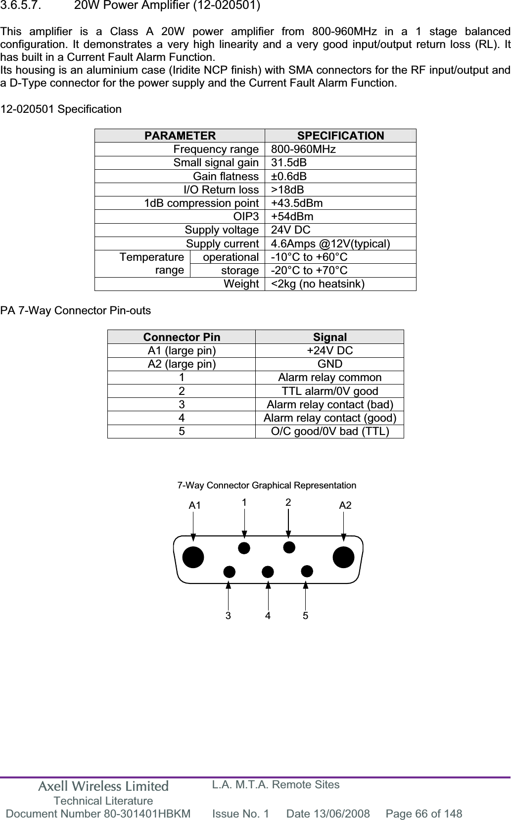 Axell Wireless Limited Technical Literature L.A. M.T.A. Remote Sites Document Number 80-301401HBKM  Issue No. 1  Date 13/06/2008  Page 66 of 148 A1 A21 23 4 57-Way Connector Graphical Representation3.6.5.7.  20W Power Amplifier (12-020501) This amplifier is a Class A 20W power amplifier from 800-960MHz in a 1 stage balanced configuration. It demonstrates a very high linearity and a very good input/output return loss (RL). It has built in a Current Fault Alarm Function. Its housing is an aluminium case (Iridite NCP finish) with SMA connectors for the RF input/output and a D-Type connector for the power supply and the Current Fault Alarm Function. 12-020501 Specification PARAMETER SPECIFICATIONFrequency range 800-960MHz Small signal gain 31.5dB Gain flatness &plusmn;0.6dB I/O Return loss >18dB 1dB compression point +43.5dBm OIP3 +54dBm Supply voltage 24V DC Supply current 4.6Amps @12V(typical) operational -10&deg;C to +60&deg;C Temperaturerange storage -20&deg;C to +70&deg;C Weight <2kg (no heatsink) PA 7-Way Connector Pin-outs Connector Pin  SignalA1 (large pin)  +24V DC A2 (large pin)  GND 1  Alarm relay common 2  TTL alarm/0V good 3  Alarm relay contact (bad) 4  Alarm relay contact (good) 5  O/C good/0V bad (TTL) 